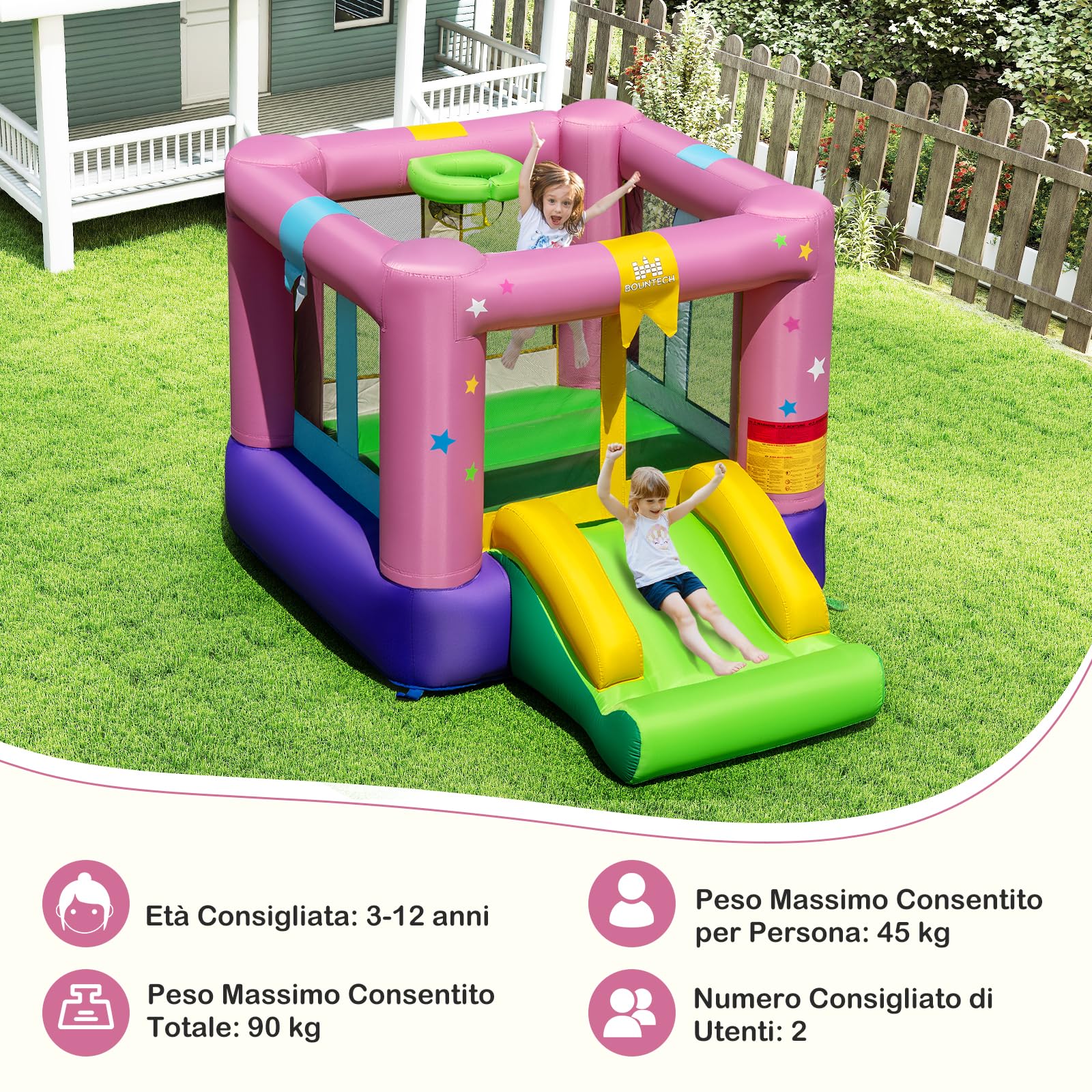 GYMAX Castello Gonfiabile con Area Salto, Scivolo, Gioco di Pallacanestro, Mini Rimbalzante per Bambini con Borsa da Trasporto, Mini Trampolino Gonfiabile per Feste Interno e Esterno