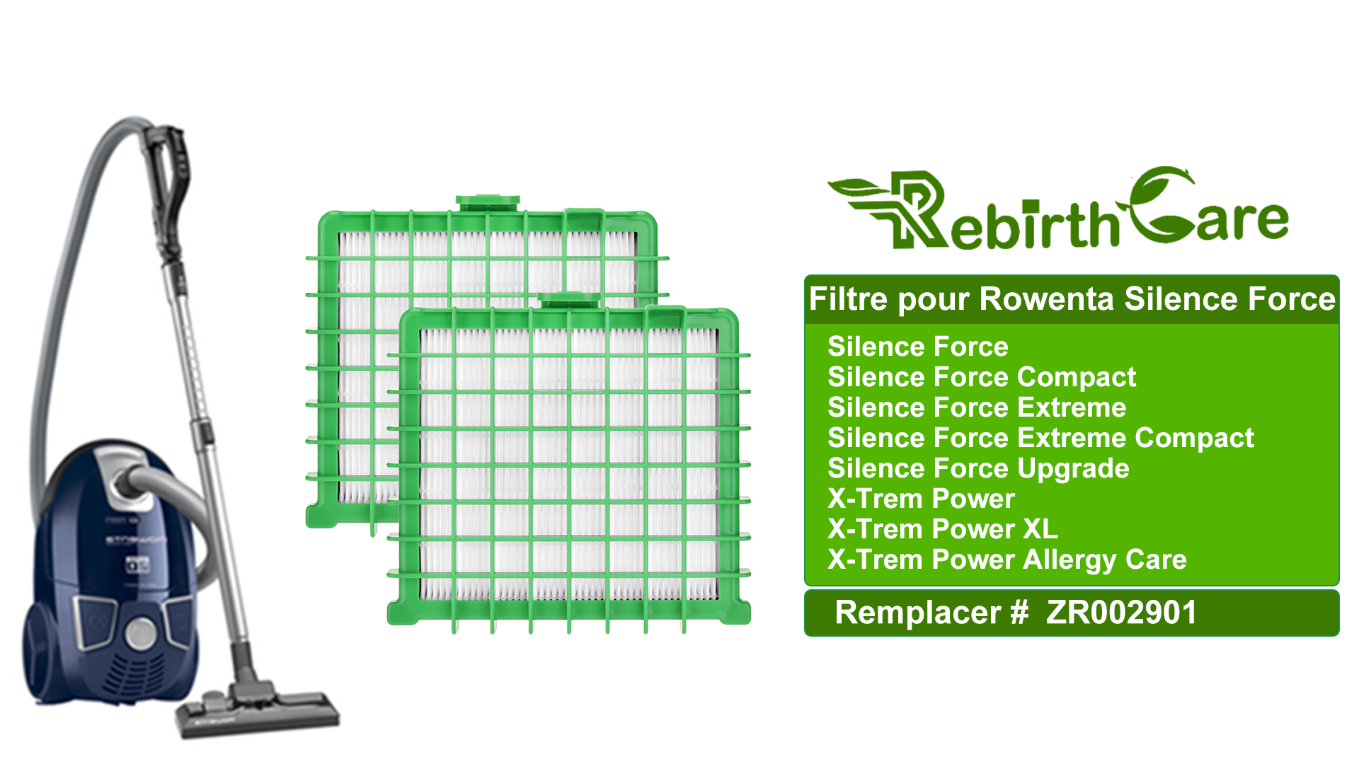 Rebirthcare ZR002901 Filter for Rowenta Silence Force, Silence Force Compact, Silence Force Extreme, X-Trem Power/XL/Allergy Care Spare Parts RO4323 RO4523 RO5729 RO5762 RO5822 RO5825 RO5911