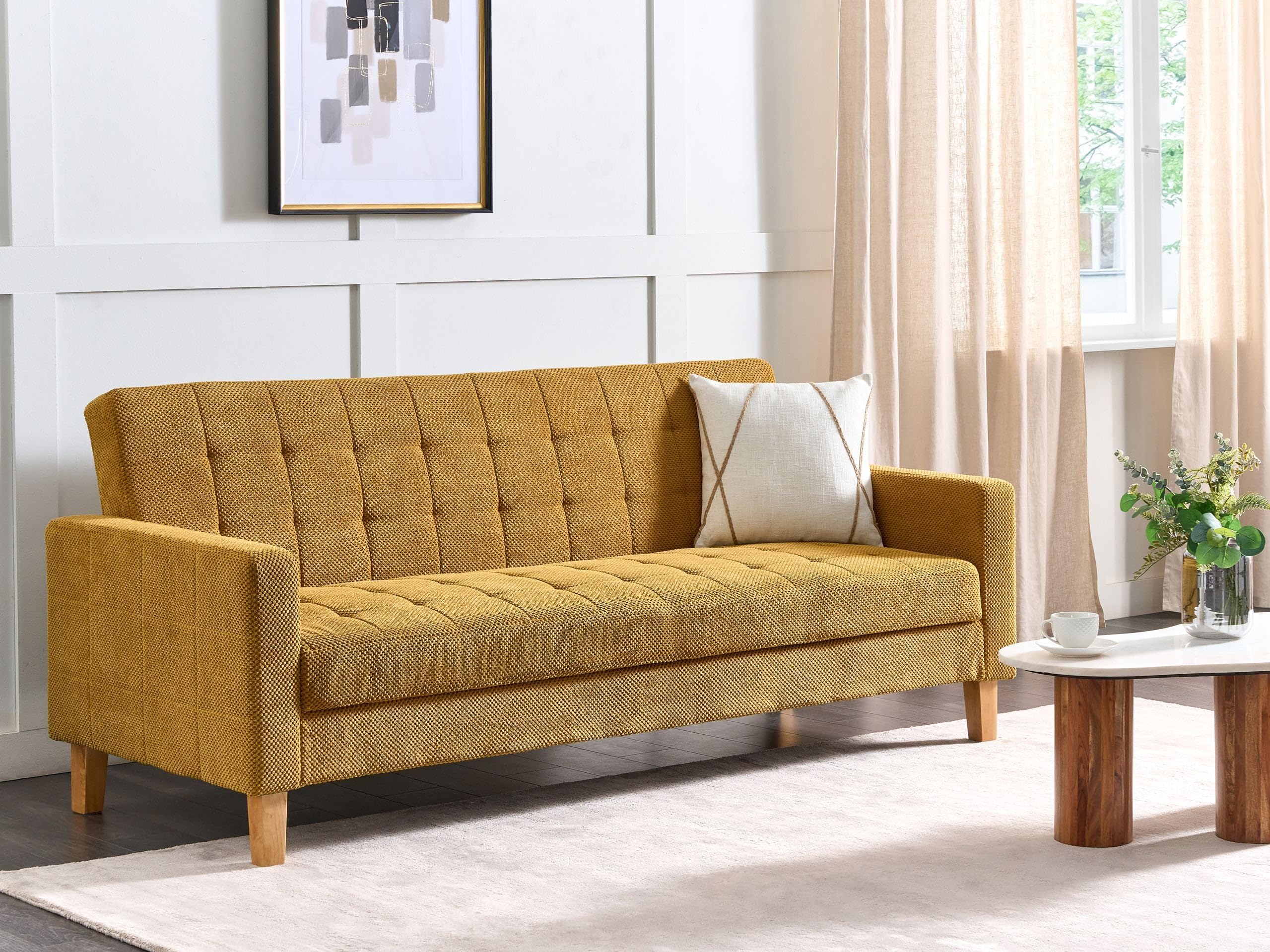 Beliani 3-Sitzer Sofa mit Schlaffunktion Stoffbezug gelb gesteppt Holzbeine Retro Vehkoo