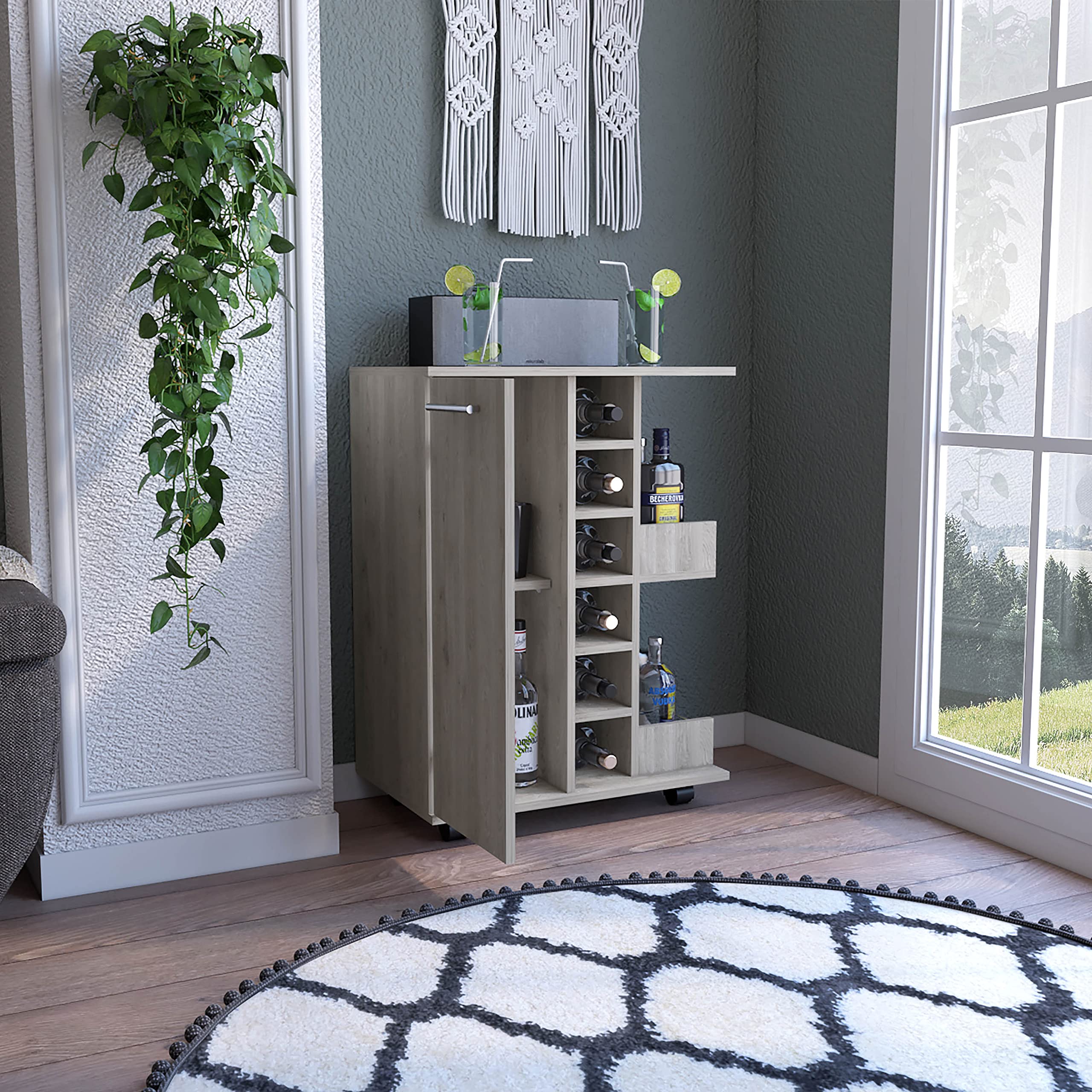 32" Lockable Casters Bar Cabinet, Bistro Cabinets with 6 Liquor Cubbies, Pantry Cabinet with Open Shelves for Home Bar, Light Gray