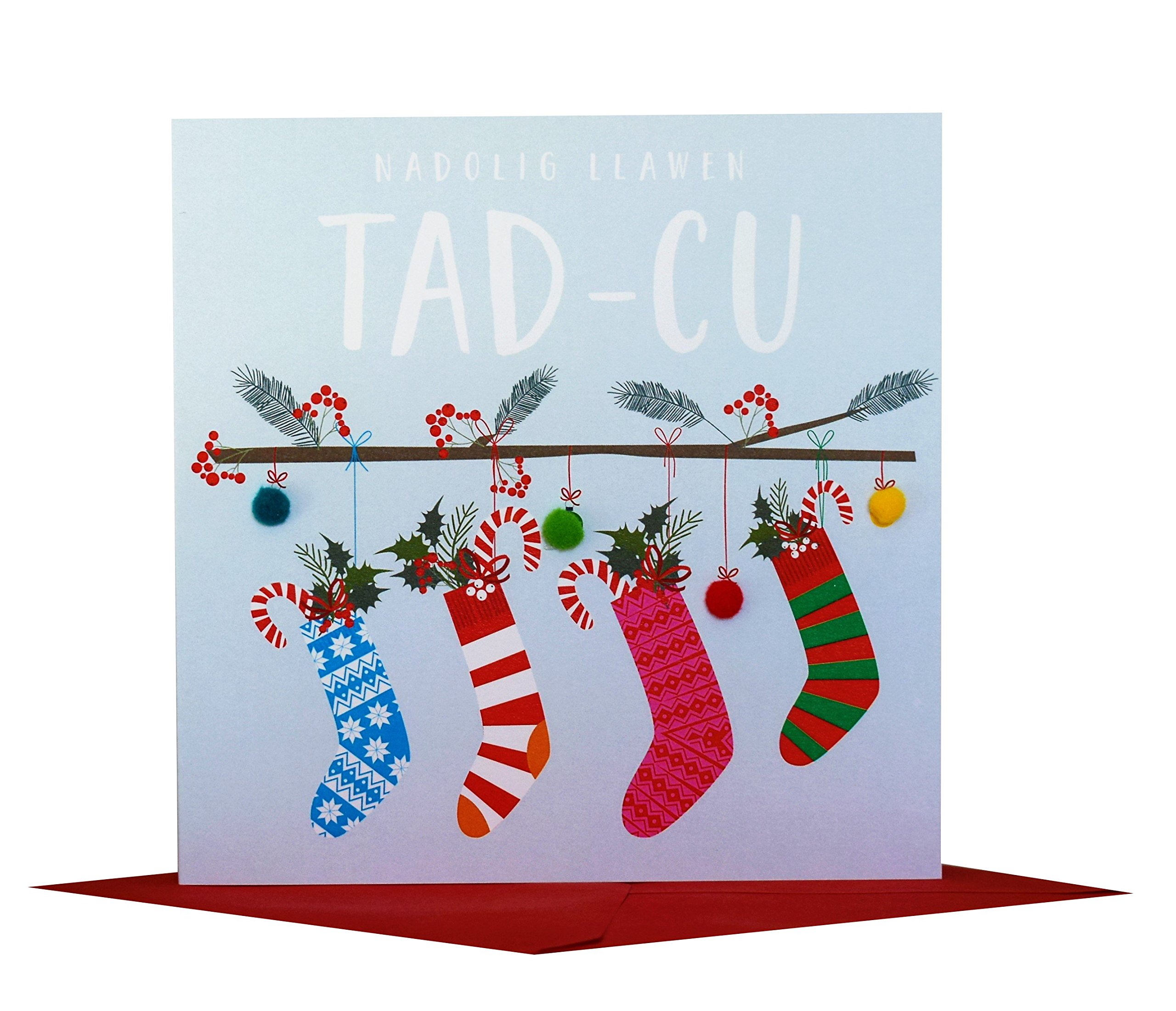 Claire Giles Greeting Cards, Welsh Happy Christmas Grandad Card, Nadolig Llawen Tad-cu, Embellished with Colourful Pompoms