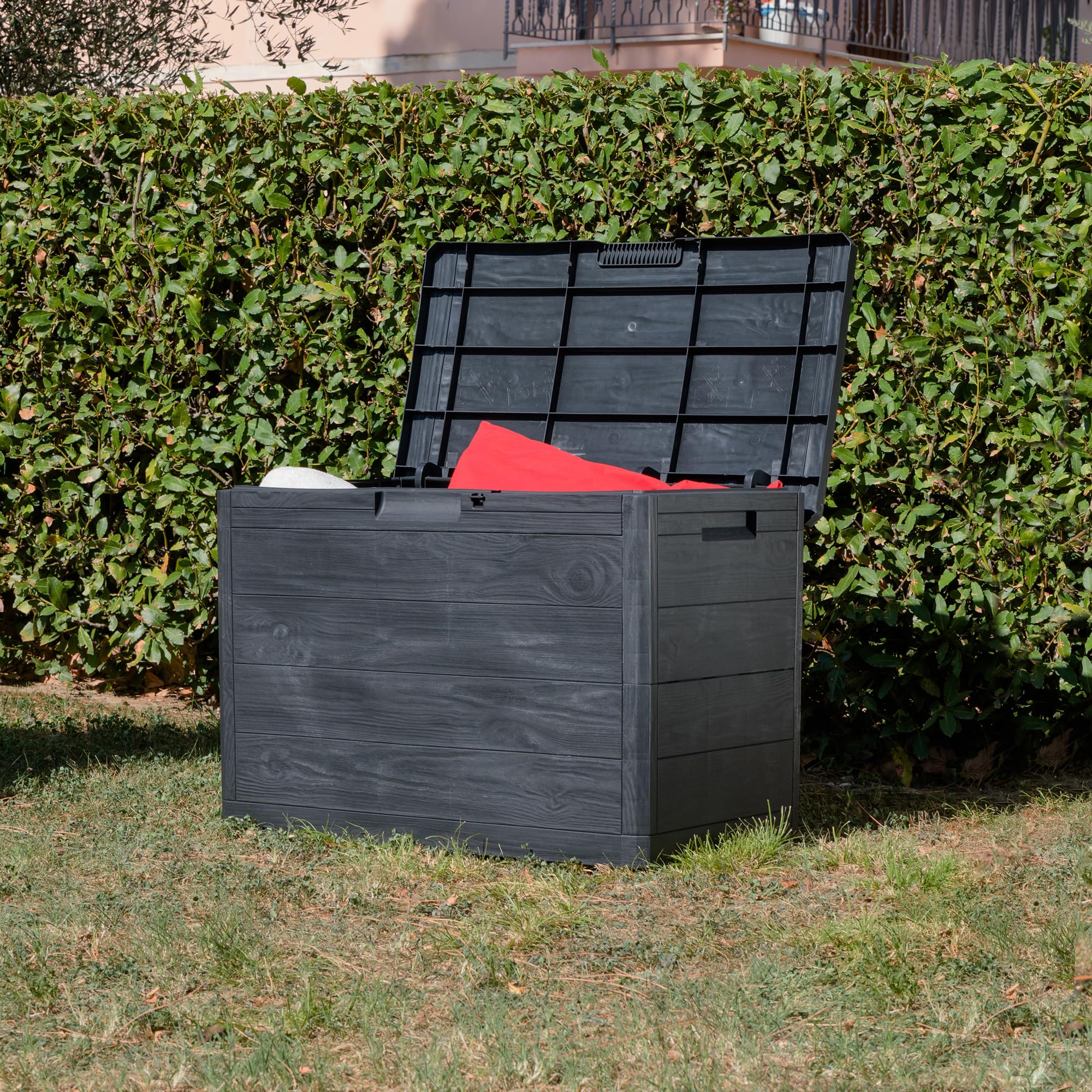 Toomax Baúl Multibox Woody's 160L para herramientas de exterior, efecto madera, Dim. 77,5 x 44,5 x 52,7 h, Art.186 (gris pardo) (160 x 77,5 x 44,5 x 52,7 h, Antracita)