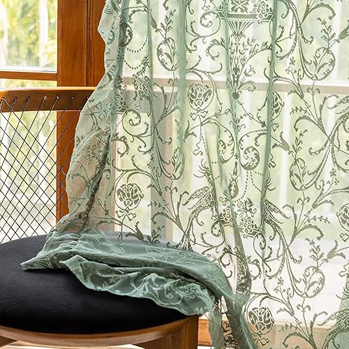 Miniatura 14 de Cortinas florales beige de 108 pulgadas de largo - Cortinas de encaje finas para comedor, con volantes de flores retro de los 60 y 70, bordadas