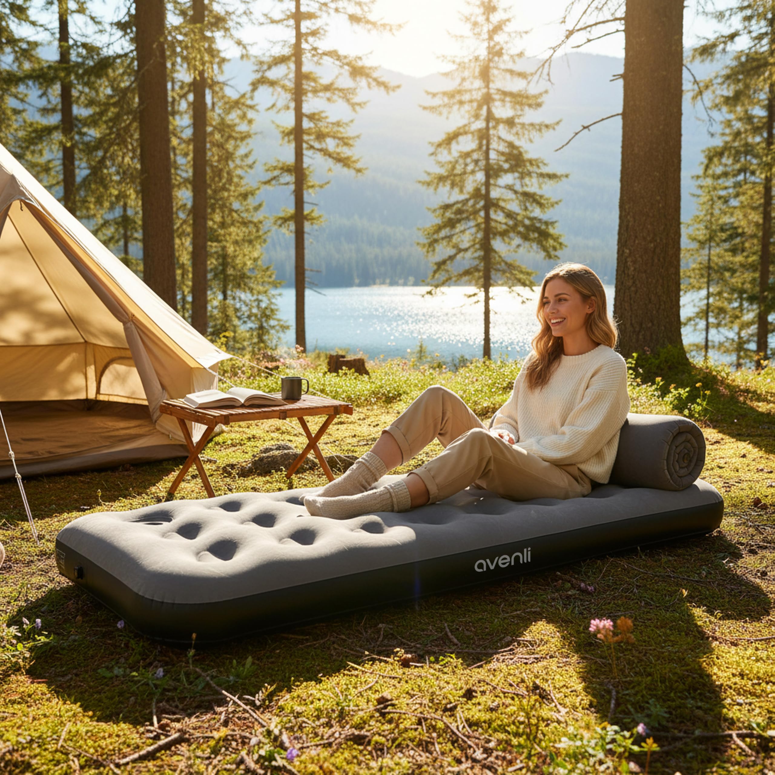 AVENLI Materasso ad aria da campeggio con pompa a pedale integrata per 1 persona, 191 x 73 x 22 cm, materasso gonfiabile, superficie morbida con superficie floccata, letto da viaggio per campeggio e