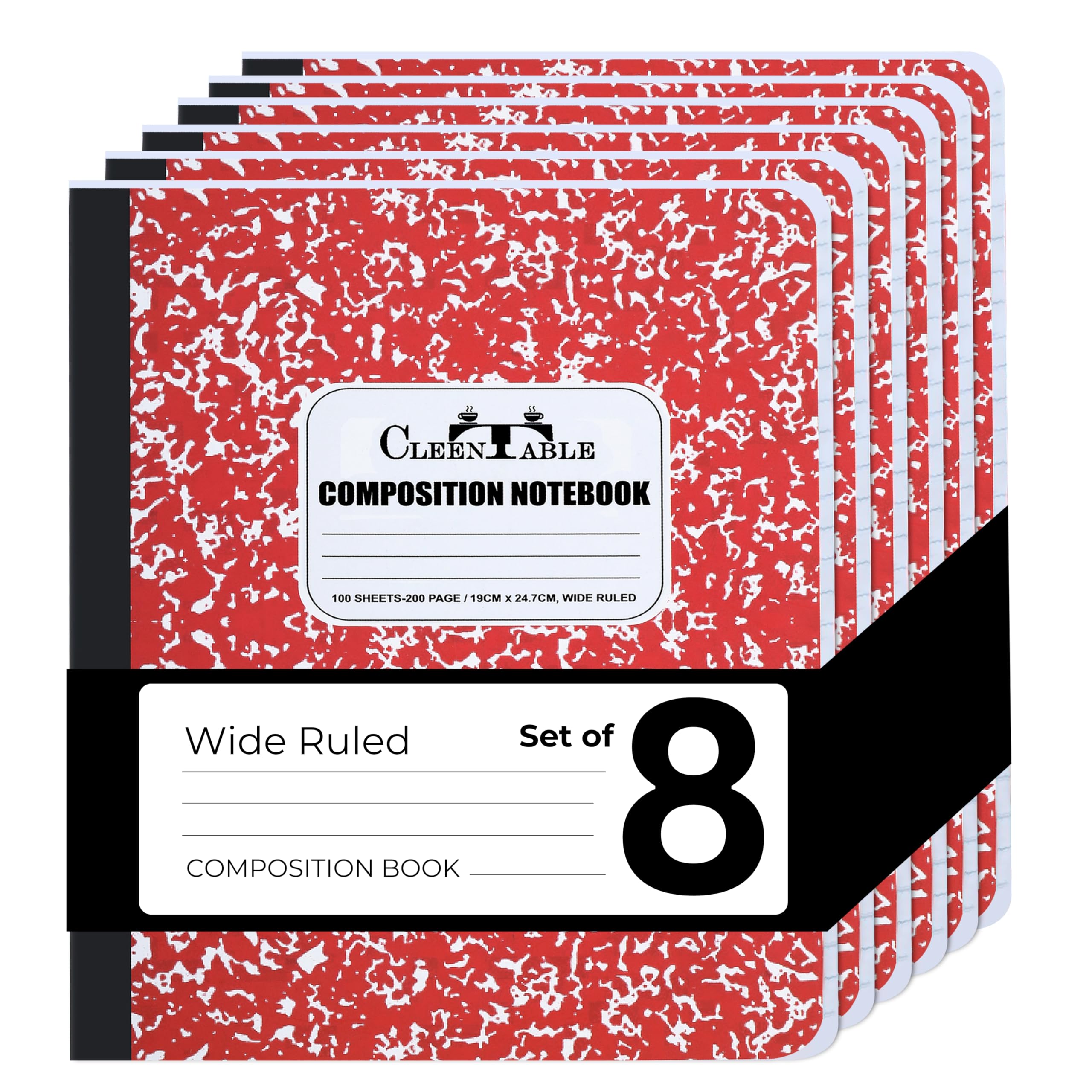 CLEENTABLE Lot de 8 carnets de composition en papier ligné pour l'école, carnet de notes scolaire, 24,5 x 18,5 cm, 100 feuilles, 200 pages, couverture marbrée – Rouge