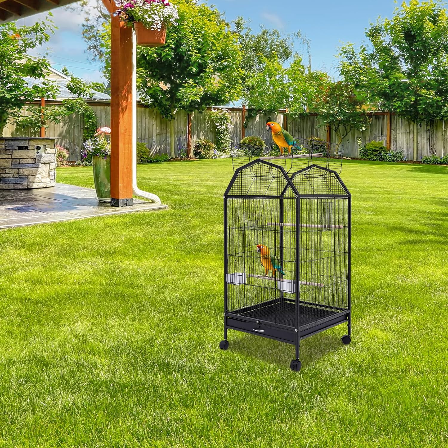 40-Inch Wrought Iron Bird Cage with Open-Top and Rolling Stand, Movable Parrot Cage Pet Bird Flight Cage, 360 Degree View Spacious Interactive Roof Pet Bird House for Medium&Small Birds