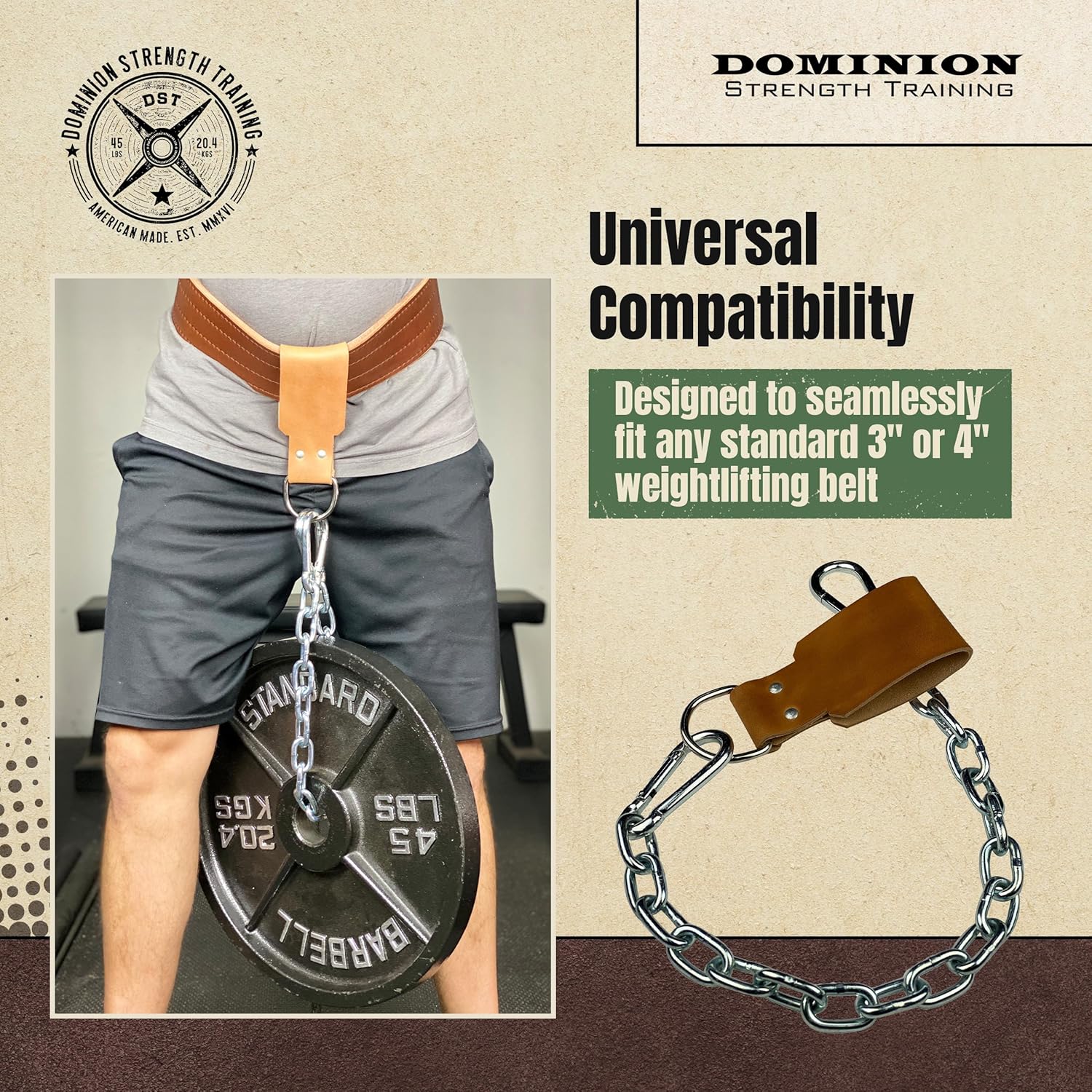 Leather Dip Belt Strap with Chain for Weight Lifting - For Weighted Dips and Pullups - Made in the USA