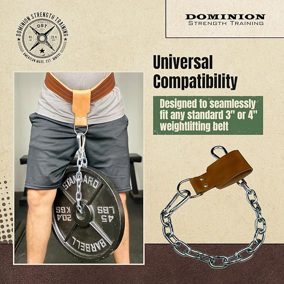 Leather Dip Belt Strap with Chain for Weight Lifting - For Weighted Dips and Pullups - Made in the USA