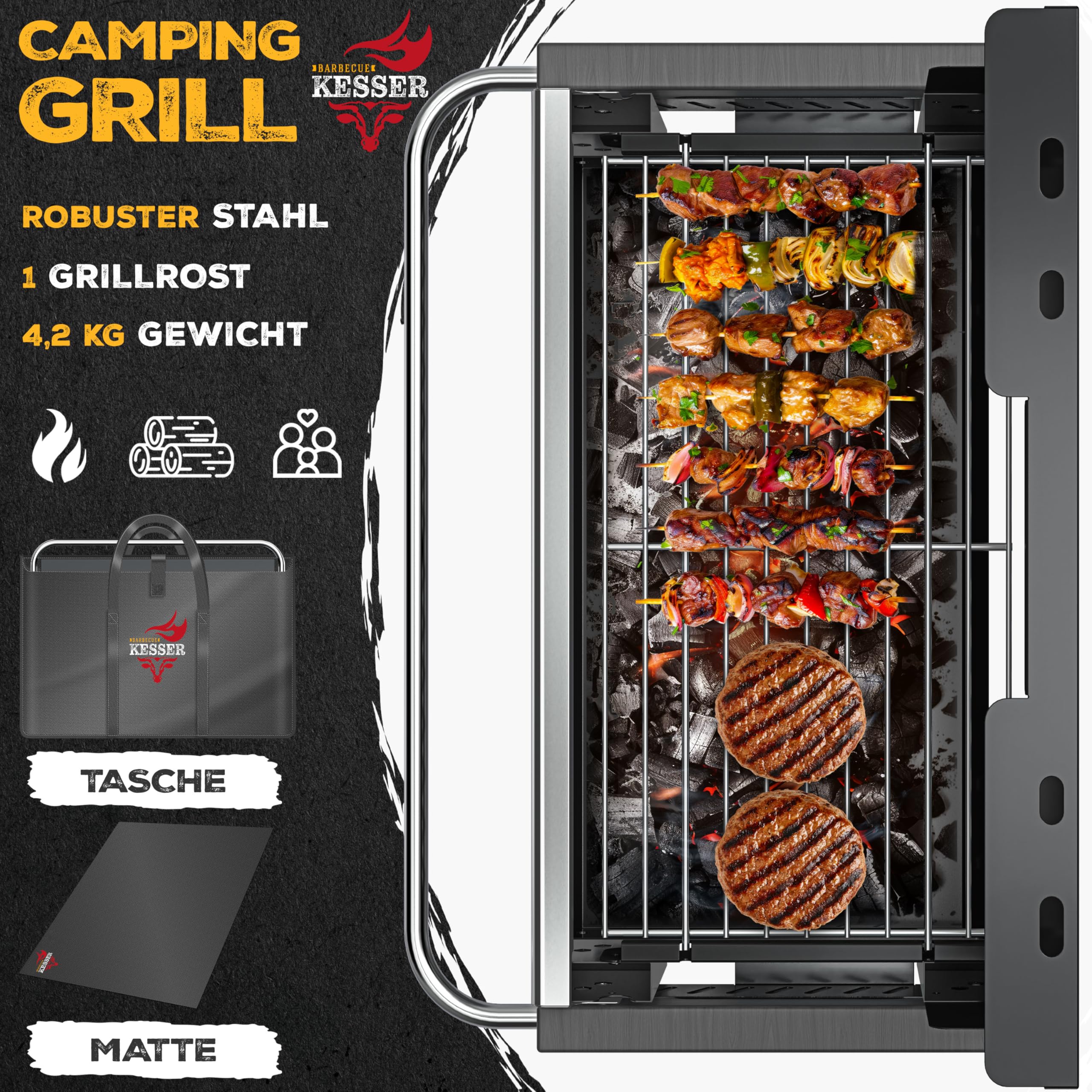KESSER® Barbecue pieghevole portatile da campeggio | Barbecue a carbonella in acciaio verniciato a polvere con griglia, tappetino per barbecue e borsa per il trasporto | pieghevole ideale per