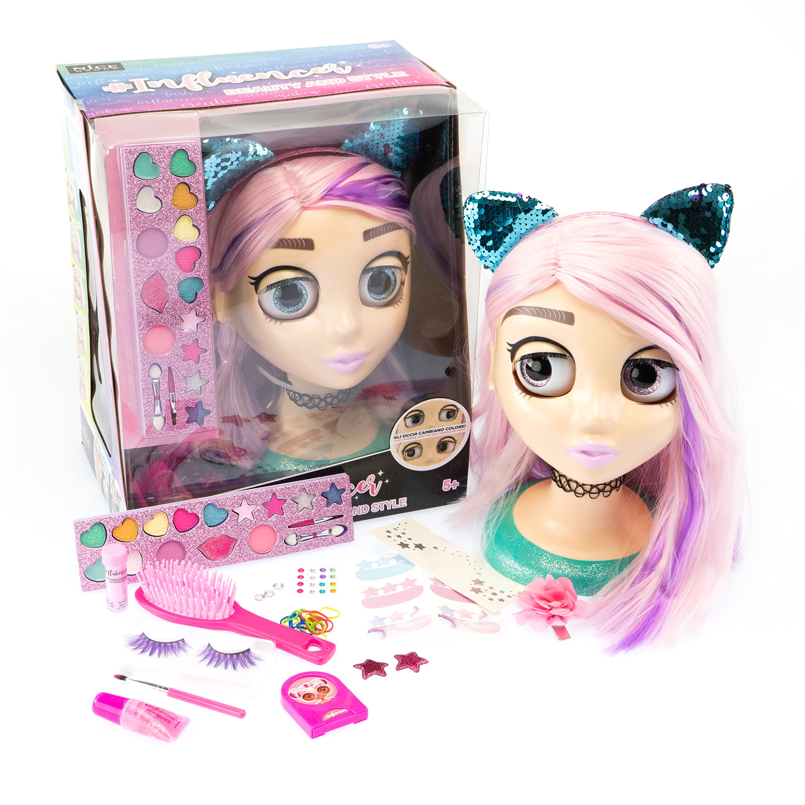 Nice Group - Influencer Make Up Doll, Testa da Truccare e Pettinare con Occhi cambia Colore per Bambine