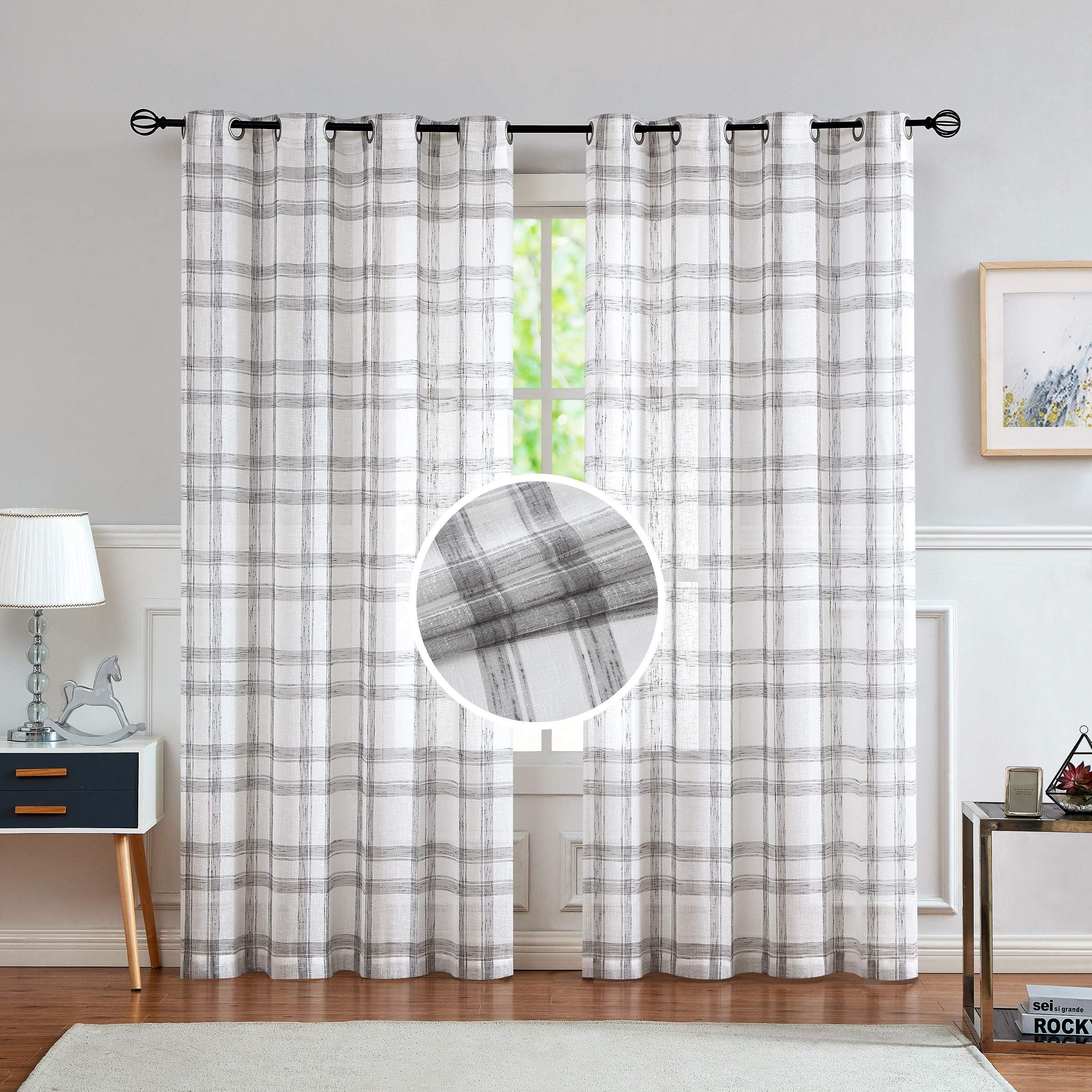 White Grey Geometric Window Curtain Panel Pair 84" Long for Living Room Linen Blend Semi Sheer Grommet Top Rustic Farmhouse Style Window Treatment Drape for Bedroom 52x84 Inches, 2 Panels, Grey/White
