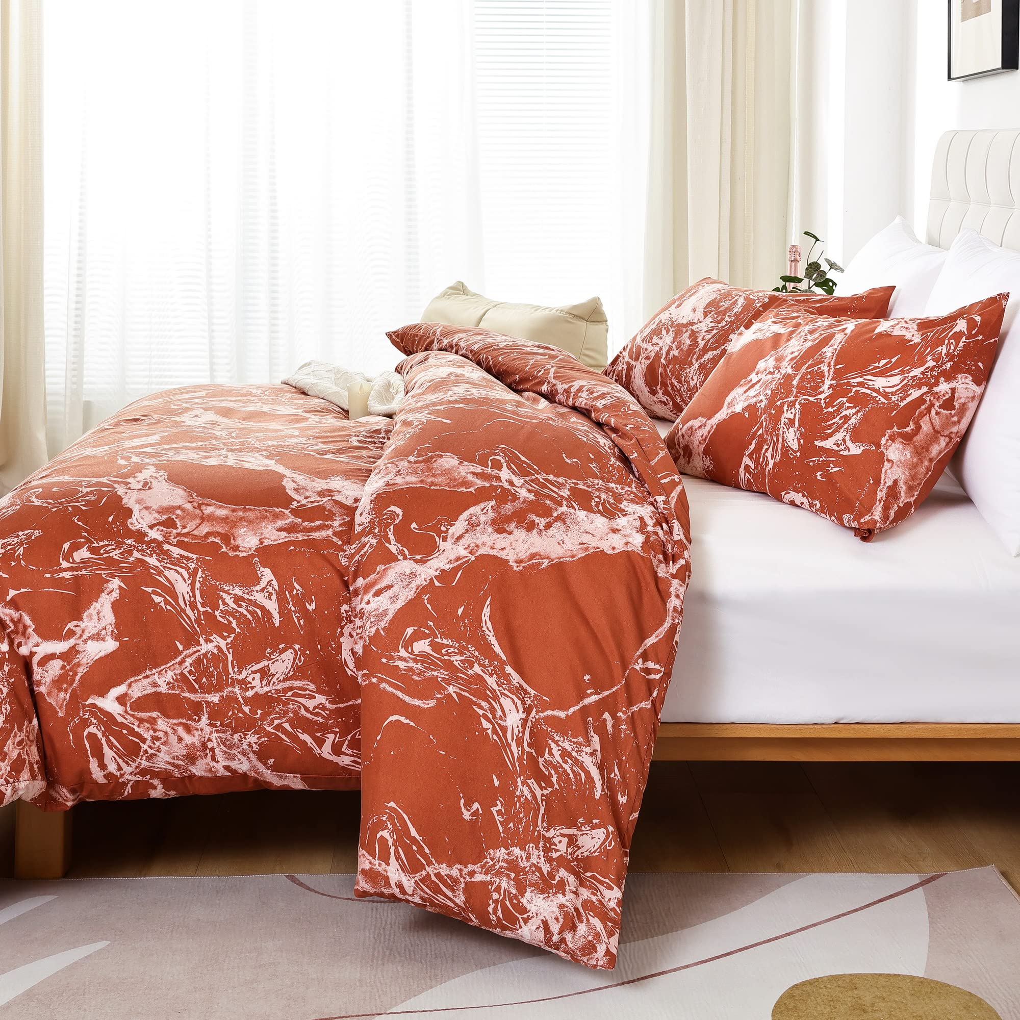 Smoofy Marble Terracotta Comforter Set Queen, Marble Pattern Printed Burnt Orange Bedding Set, Soft Fabric Brushed Microfiber Full Bed Sheets Fill Bedding Comforter Sets(1 Comforter, 2 Pillowcases)