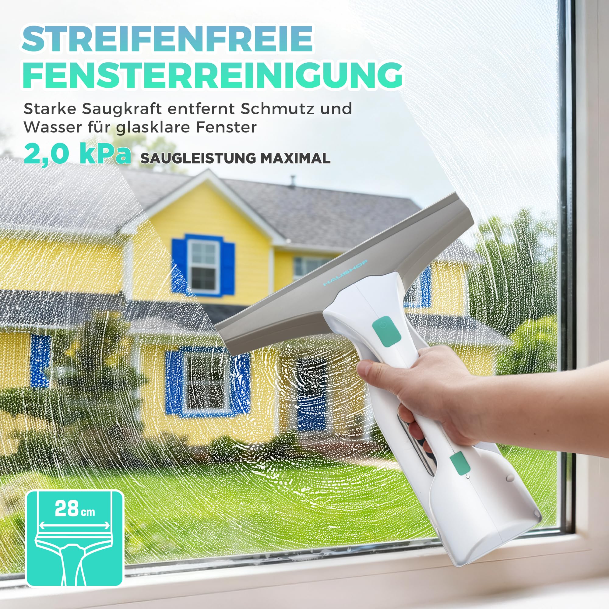 HAUSHOF Akku Fenstersauger Set, Kabelloser Fensterreiniger Fensterputzer mit 30 Min Laufzeit, 28 cm Saugdüse & 100 ml Wassertank, Streifenfreie Reinigung für Fenster, Spiegel und Fliesen