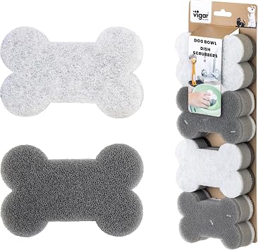 Vigar Pets Scrubber Sponge Set for Pet Bowls - Set of 4 Bone-Shaped Non-Scratch Dish Sponge for Dog & Cat Feeding Bowls, Double-Sided Reusable Scrub Sponges for Cleaning Dishes & Pet Plates - Gray