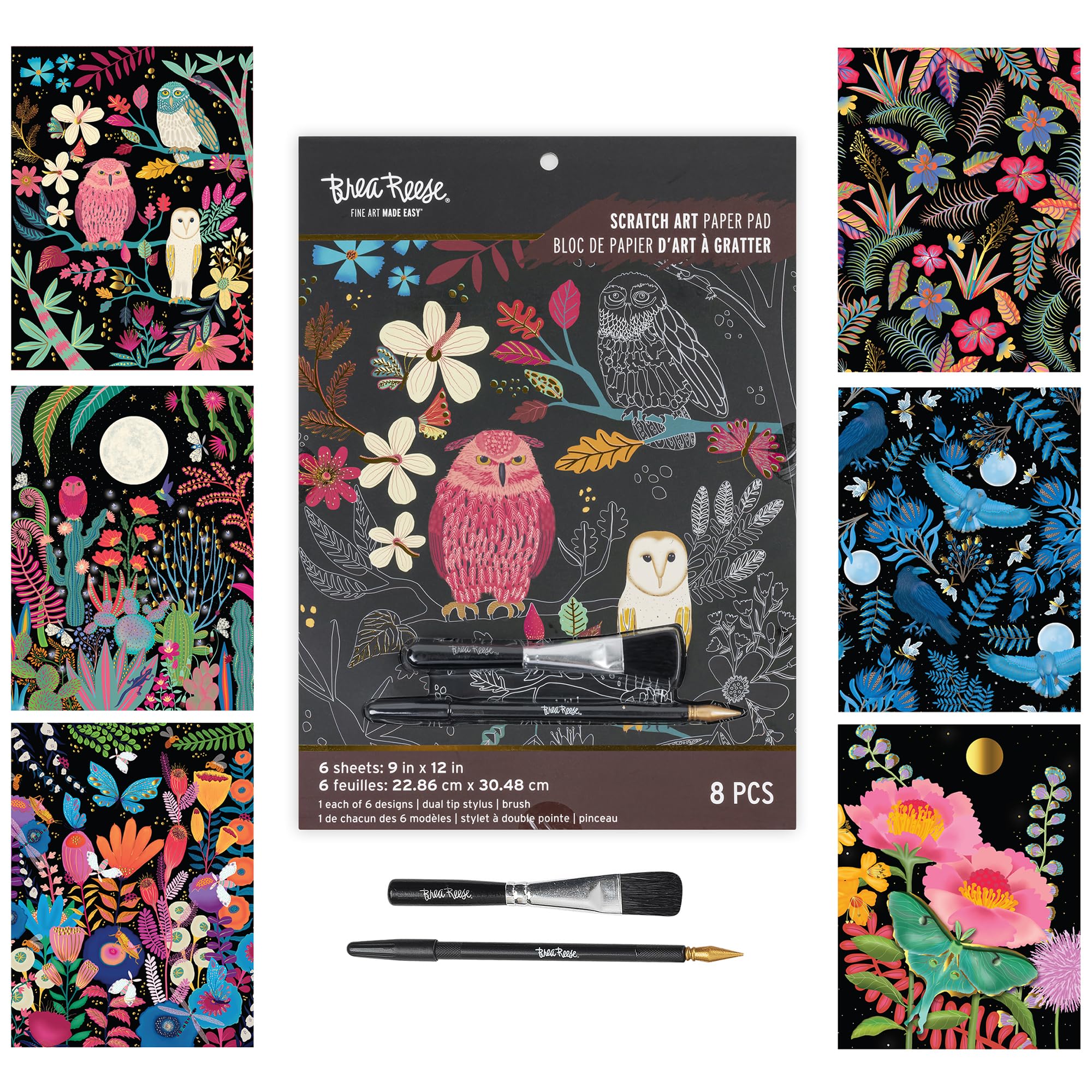 Brea Reese: Scratch Art Paper Pad - Owl & Moon - 6 Designs, Metallic Guided Art, Dual-Tip Stylus & Brush, Easy-to-Frame 9x12 Pages, Adult Craft Kit-image-45