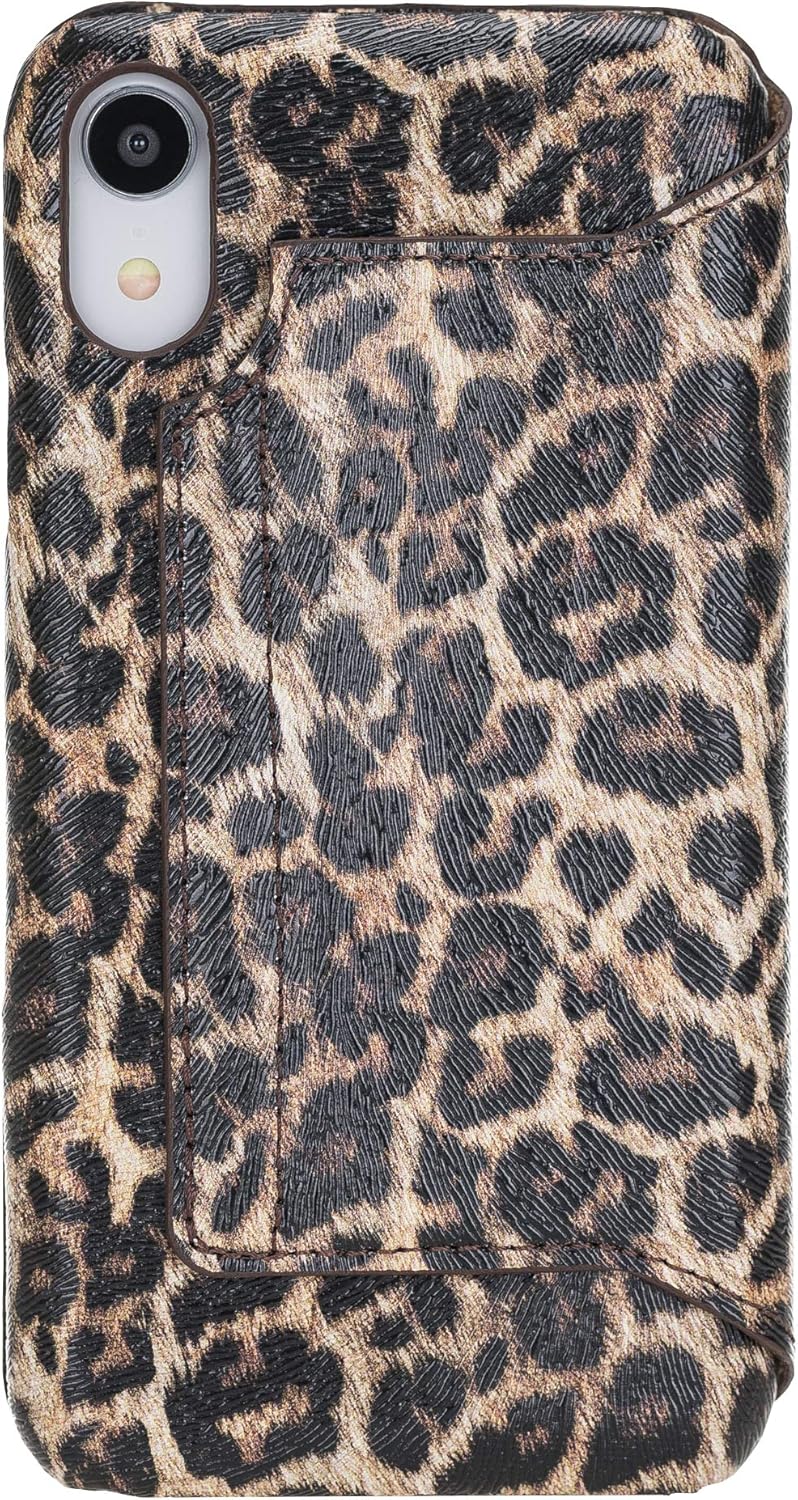 Venito Venice Slim Case Compatible with iPhone XR Case with Stand, Wallet, Self-Closing, and RFID Blocking Feature (Leopard Pattern)