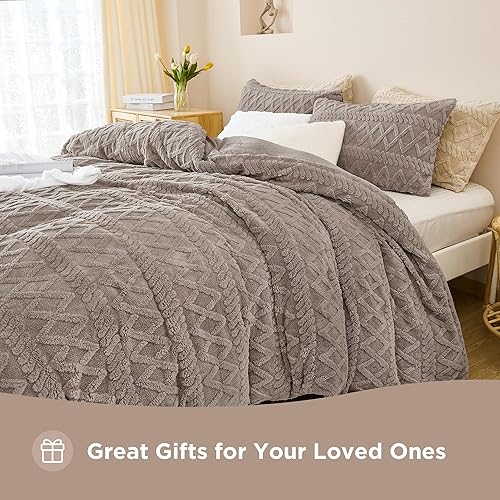 Miniatura 6 de Andency Juego de funda de edredón de forro polar sherpa caqui, tamaño matrimonial, 3 piezas de pelo sintético esponjoso, juego de funda de edredón