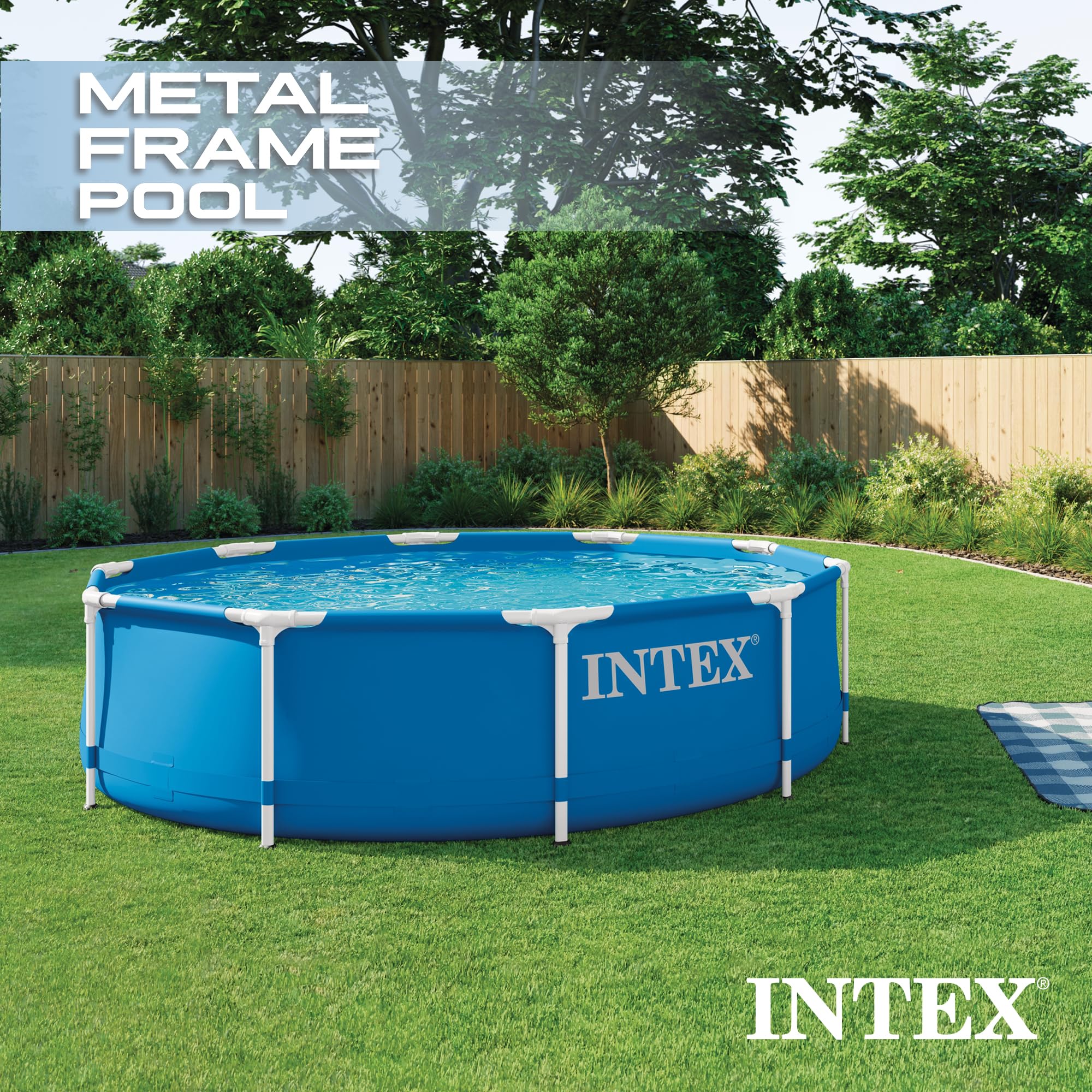 Intex 10 Foot x 30 Inch Round Metal Frame Backyard Above Ground Swimming Pool