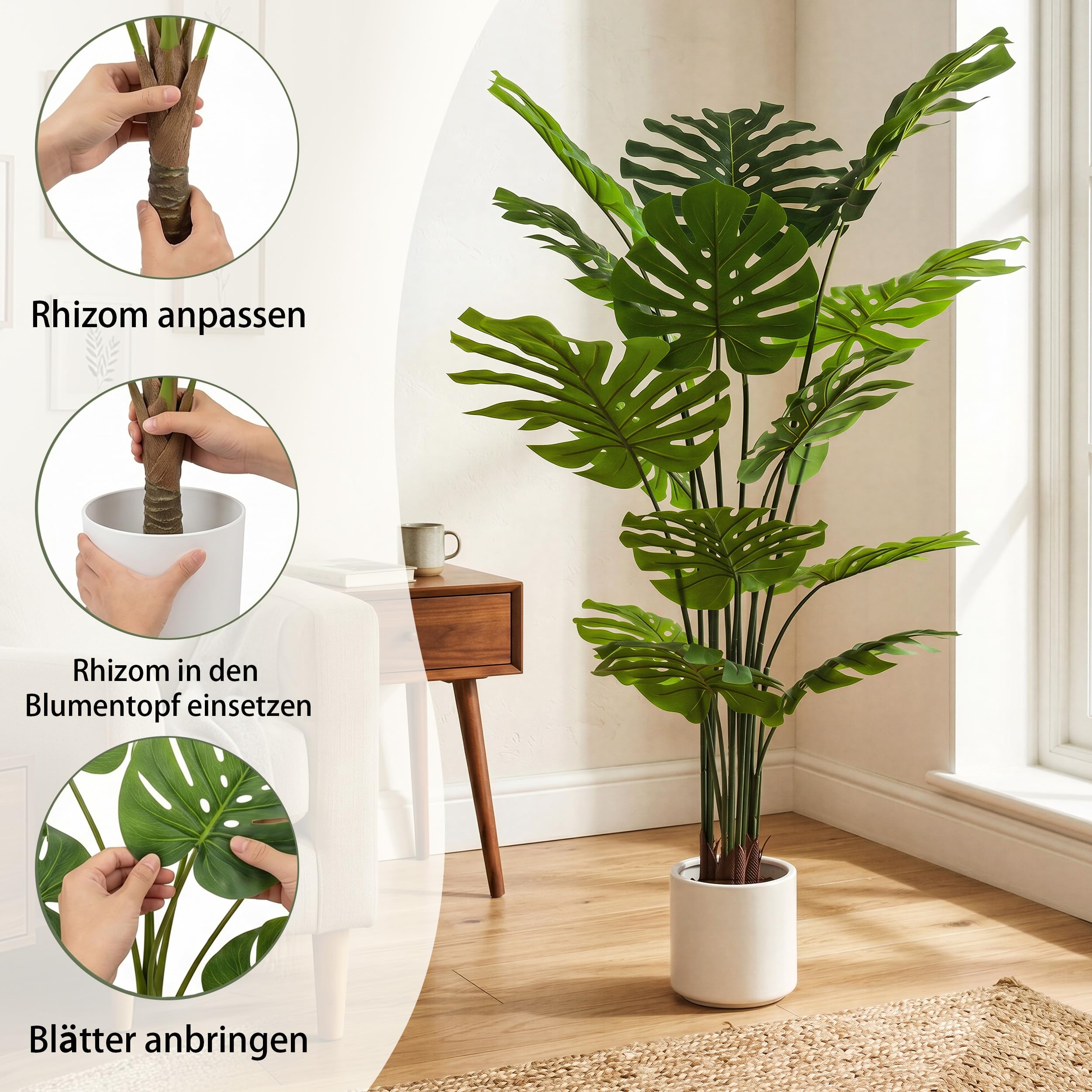 BEAUTYPEAK 140cm Monstera Künstliche Pflanze Wie Echt mit Weißem Topf | Kunstpflanze in Dichtes Laubwerk, Biegbare Blätter, Zimmerpflanze Deko für Wohnzimmer, Balkon,Büro,Flur, 2 Stück Fake Plants