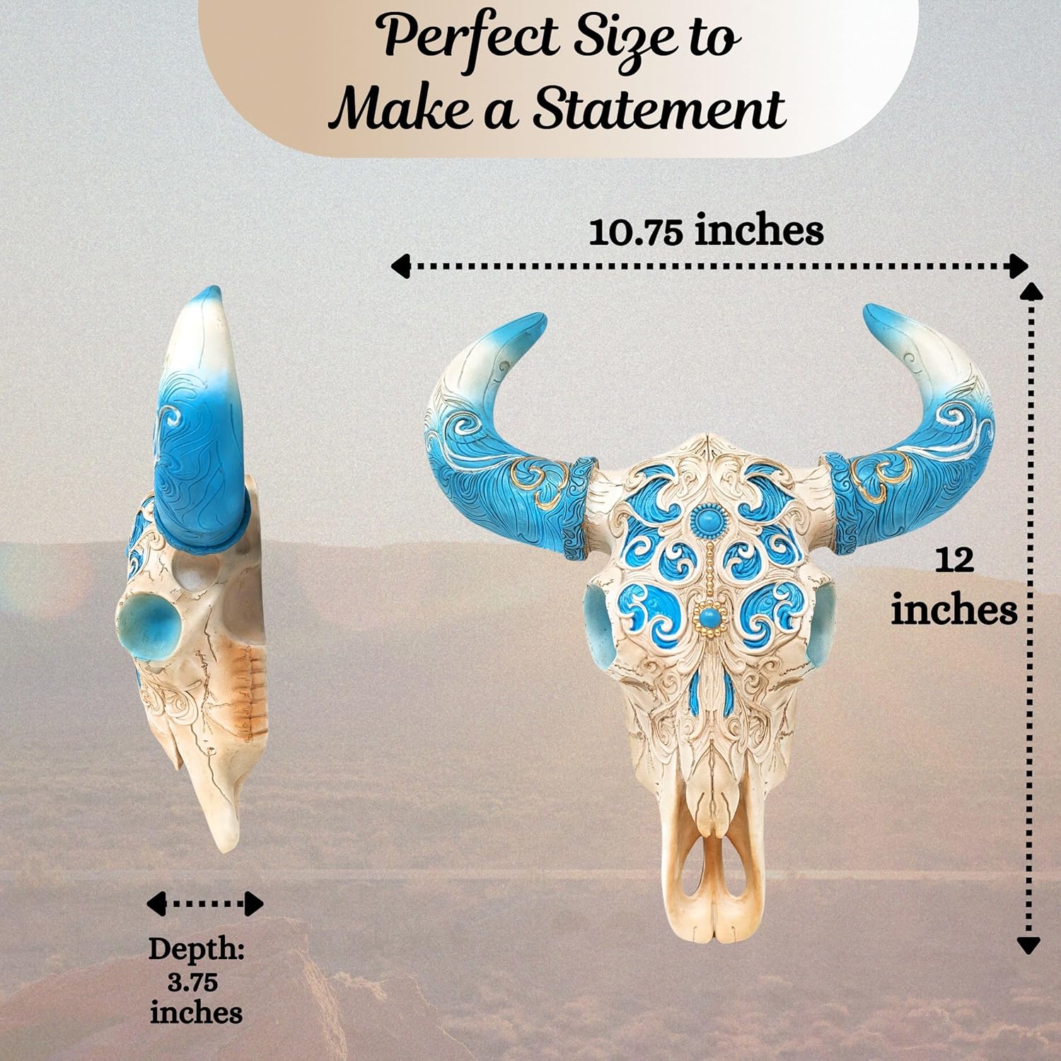 BestGiftEver Tooled Turquoise & White Bull Skull Wall Art | Western Wall Decor | Rustic Southwestern Cow Skull Sculpture | Unique Home Decor | Longhorn Inspired | Animal Head Wall Hanging