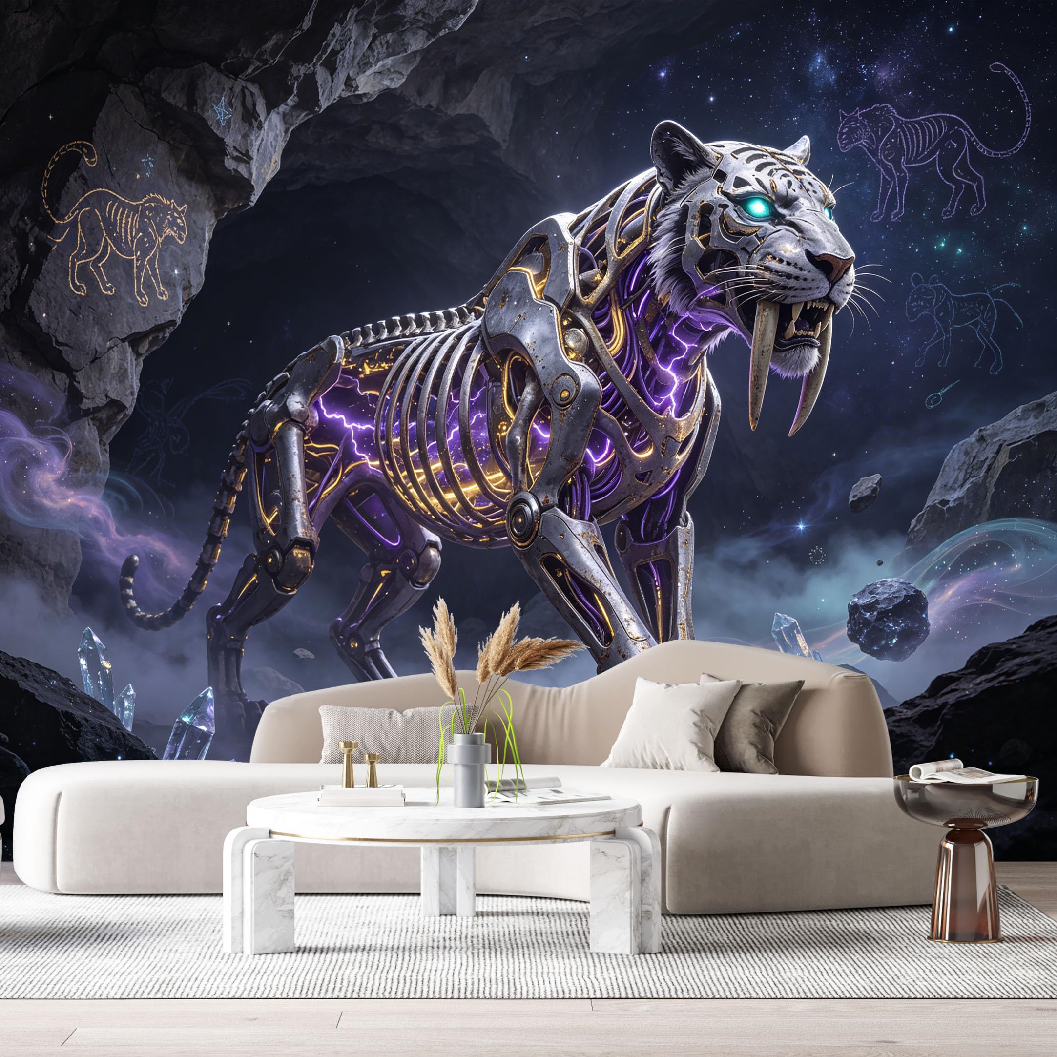Custom Size Wall Mural Cybernetic Saber Tiger Mech Futuristic SciFi Metal Armor Neon Mecha SelfAdhesive Art Prints Removable Large Wallpaper Esports Room Game Room Tenant Room Studio