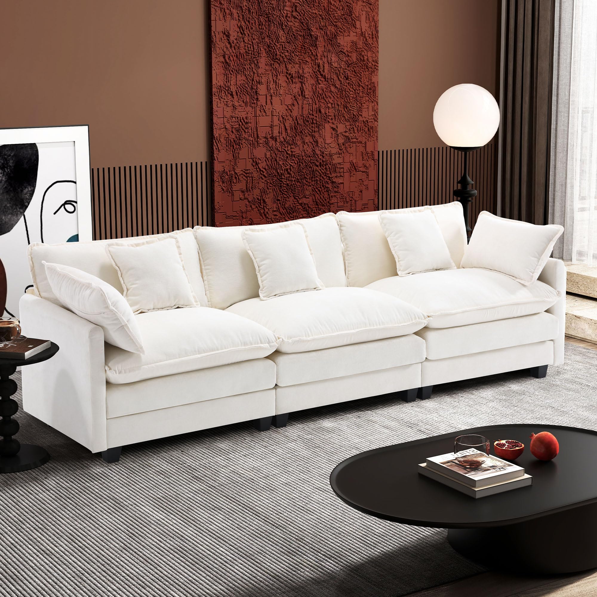 Ihanherry 111.4 Inch 3-Seater Cloud Sofa, Modular Sectional Couch, Modern Deep Seat Sofa for Living Room, Comfy Double Layer Upholstered Seat Cushion, Breathable Chenille Fabric, Beige