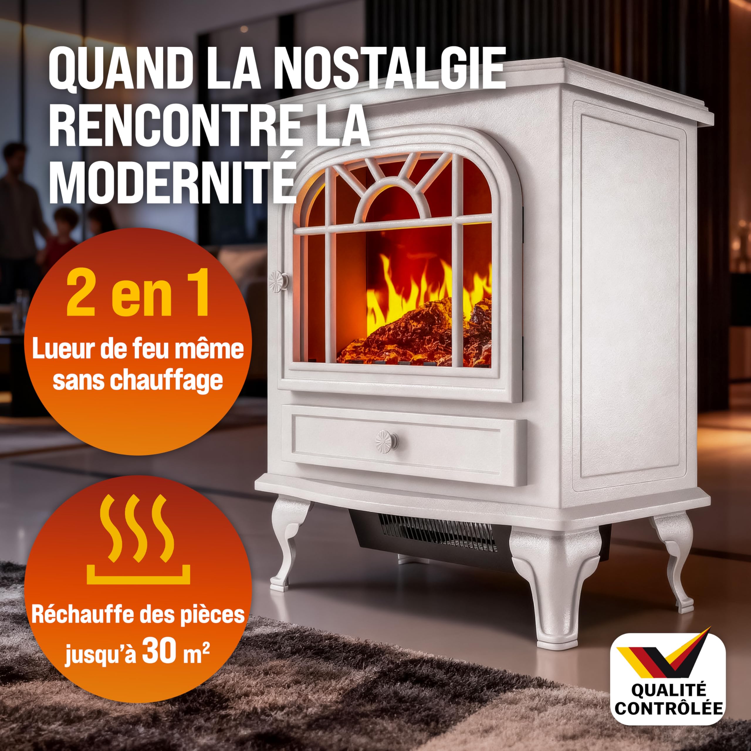 DEUBA® Cheminée électrique Effet Flamme 2000 W 2 Niveaux de Chauffage électrique soufflerie radiateur Chauffant LED cheminée décoration Blanc