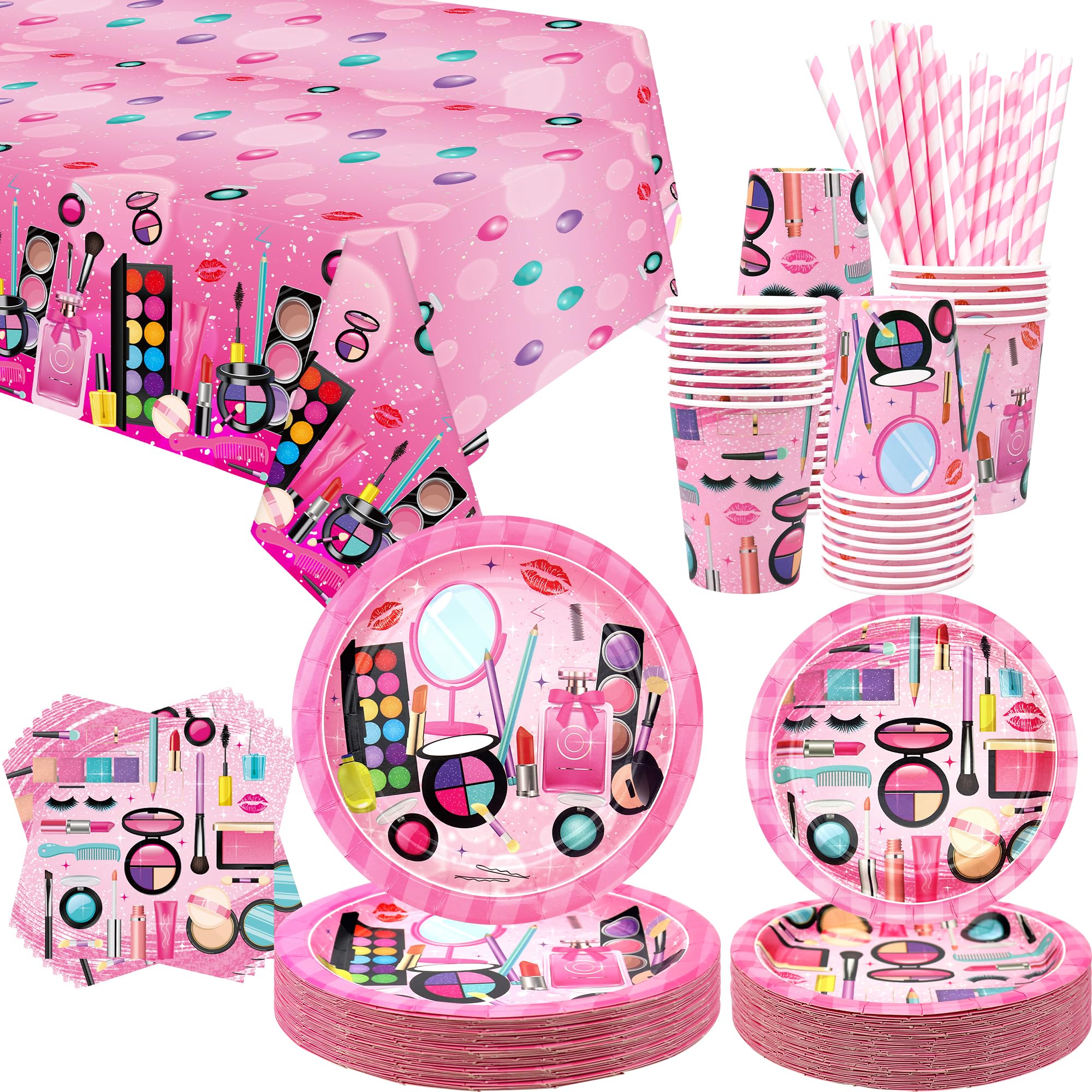 Spa Party Supplies - Makeup Theme Party Tableware - Dinner Plates Desserts Plates Cups Napkins Spa Makeup Tablecover Straws for Girls Women Slumber Pamper Spa Birthday Party Decoration, Serves 40 (40)