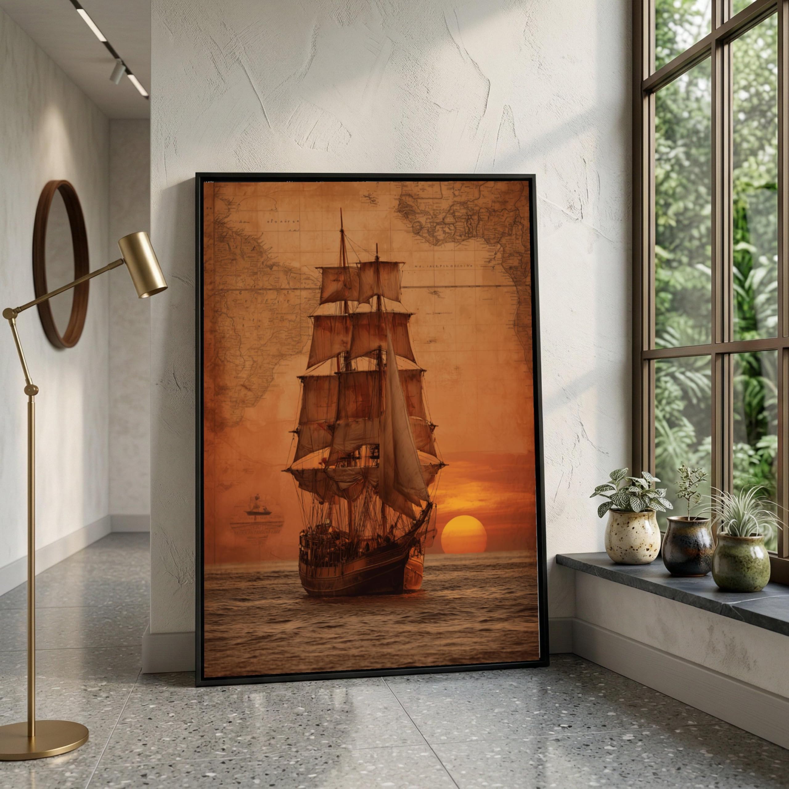 Lienzo con diseño de velero antiguo, mapa antiguo, arte mural marítimo, decoración náutica, escena de puesta de sol en el océano, lienzo con diseño de embarcación histórica (80x120cm/sin marco)