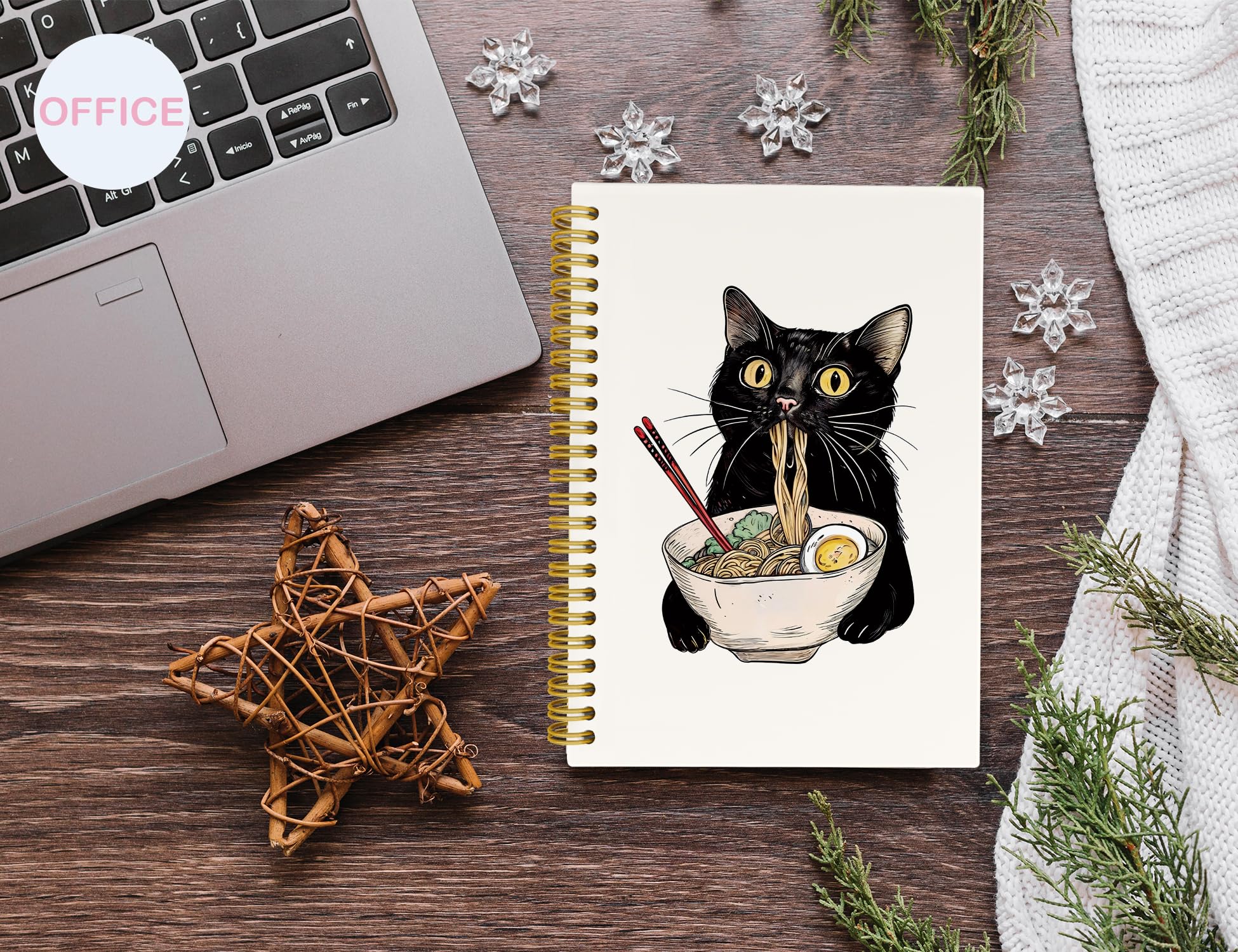 ICEWHITEY Cuaderno de gato negro, regalos de gato negro, divertido diario de gato negro come fideos, regalos para amantes de los gatos, regalos de mamá y gato, suministros de oficina para gatos