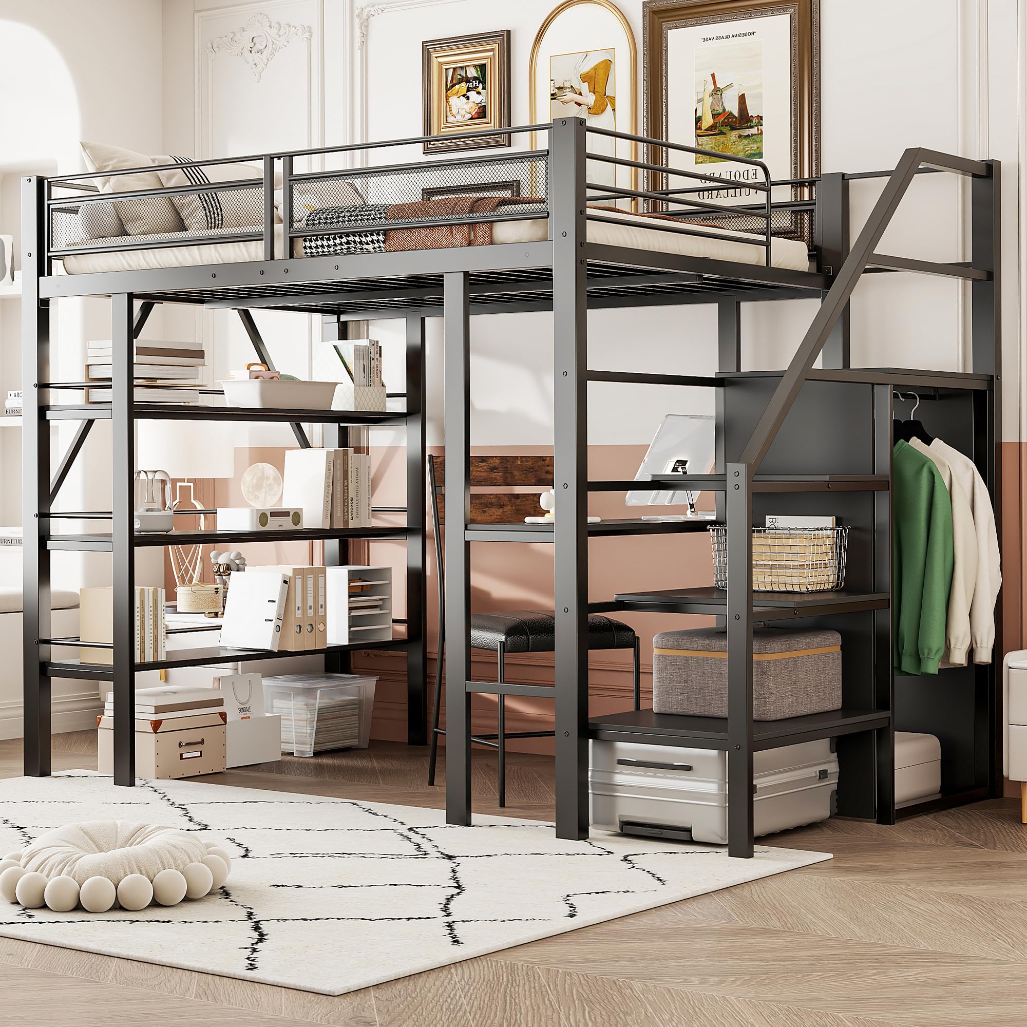Dolamaní Letto a soppalco in metallo, 140 x 200 cm, per adulti e ragazzi, con mensola, scrivania, vestiti, scale, con vano portaoggetti, design a rete alta, per letto matrimoniale, colore: nero