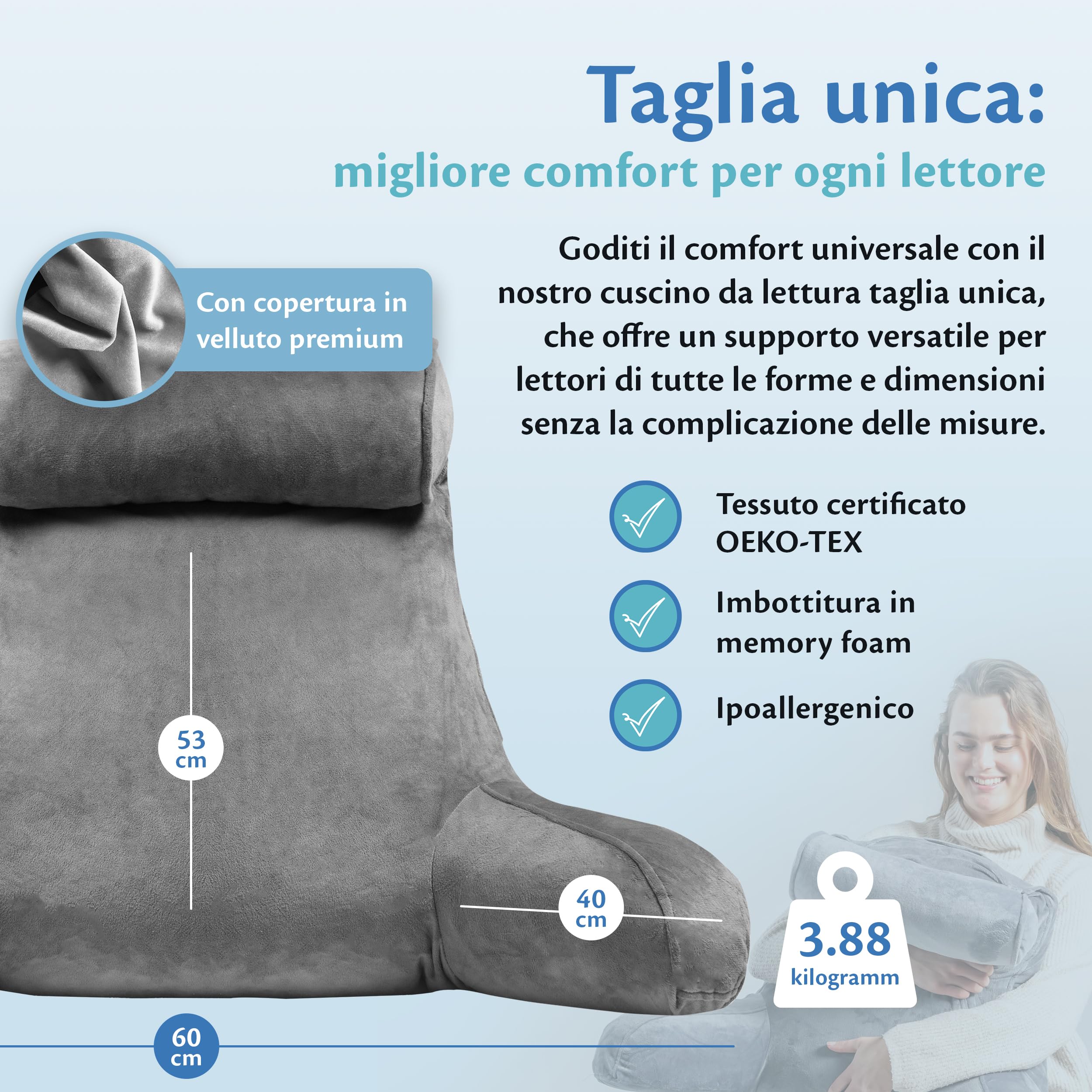 Ella Cuscino da Lettura per Letto con braccioli e paranuca rimovibile, Cuscino Lettura morbido e confortevole per leggere, guardare la TV, supporto per la schiena Schienale Letto - Grigio