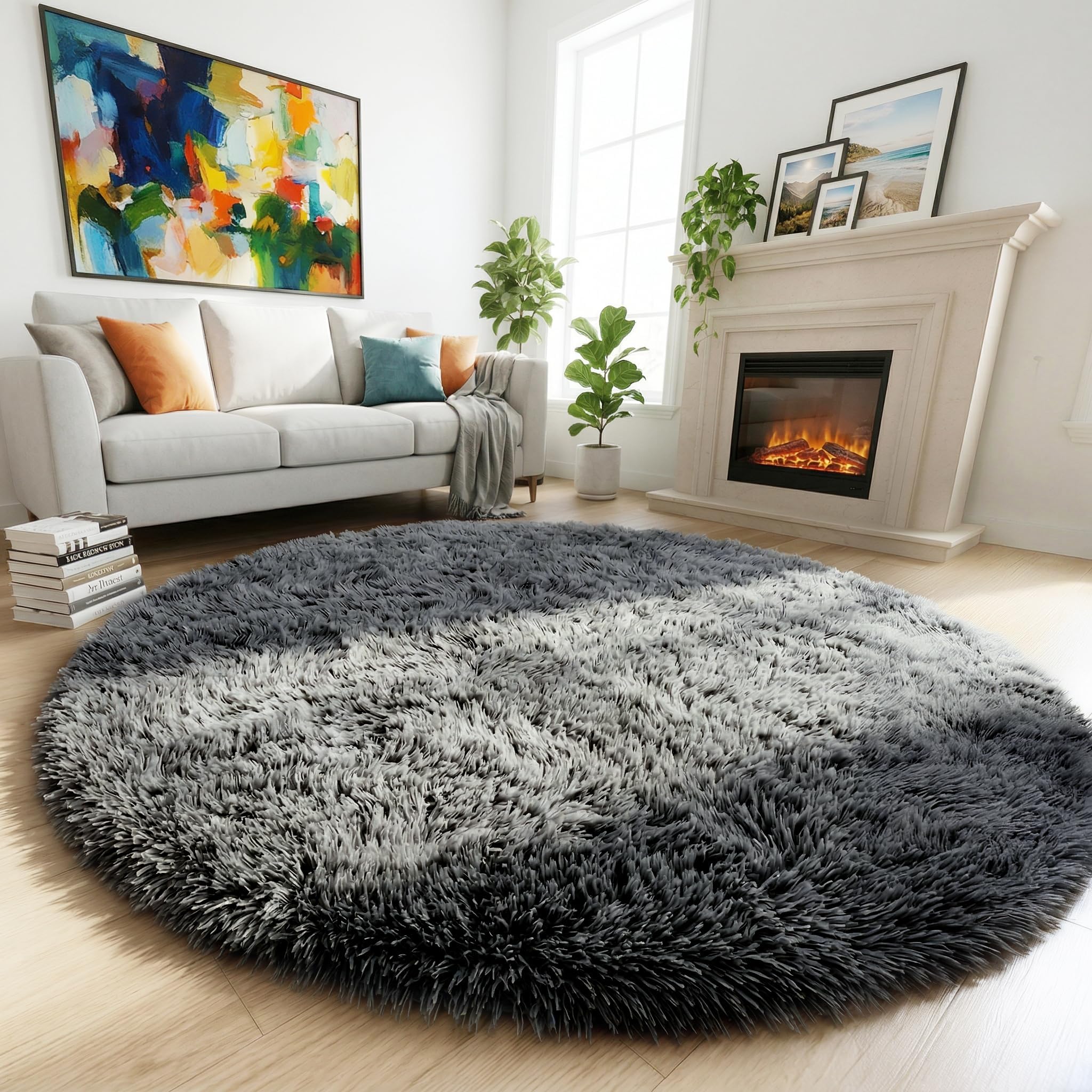 Grey Round Rug for Bedroom,Fluffy Circle Rug 1.2mX1.2m for Kids Room,Furry Carpet for Teen's Room,Shaggy Throw Rug for Nursery Room,Fuzzy Plush Rug for Dorm,Grey Carpet,Cute Room Decor for Baby