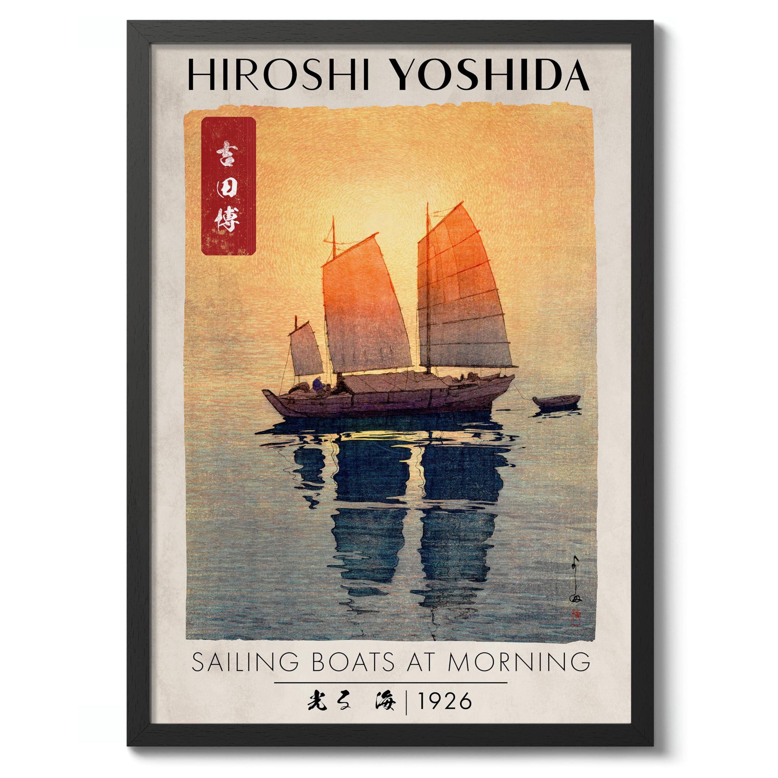 Sailing Boats At Morning Japanese Woodblock Print, Modern Poster Japan Wall Art Exhibition Ukiyo-E Home Decor, Archival Matte, A1 (Black Frame) - 84.1x59.4cm