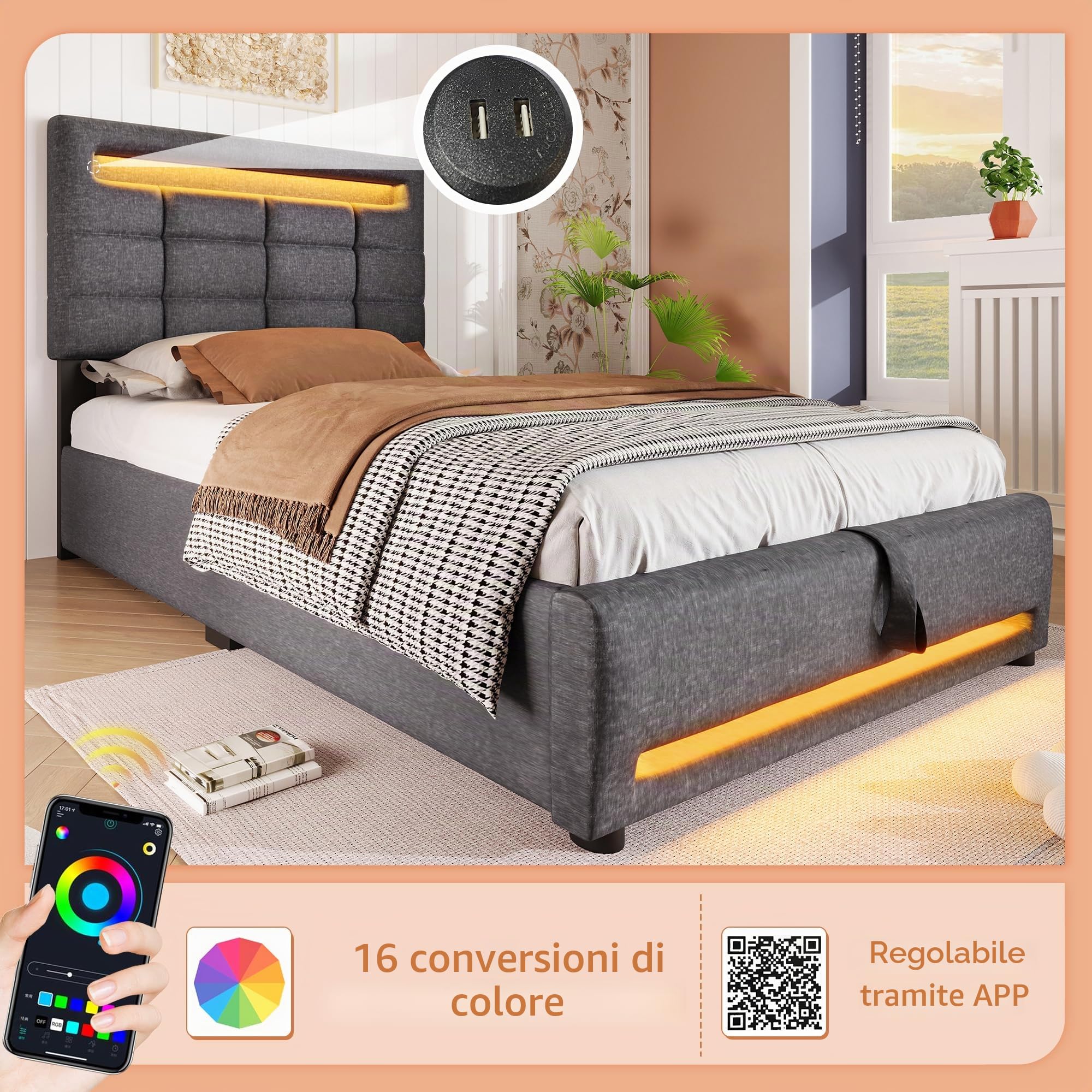 Letto Singolo con Contenitore 90x200 cm con LED e USB, Letto imbottito con Testiera e vano portaoggetti, Letto Contenitore con rete a doghe, Struttura Letto Singolo lino grigio