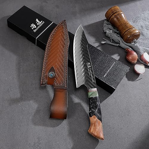 Miniatura 6 de SHANGDAO Cuchillo de chef de Damasco con funda de cuero, 8 pulgadas, 67 capas, acero aleado, núcleo de corte 10Cr15CoMoV con resina forjada a mano