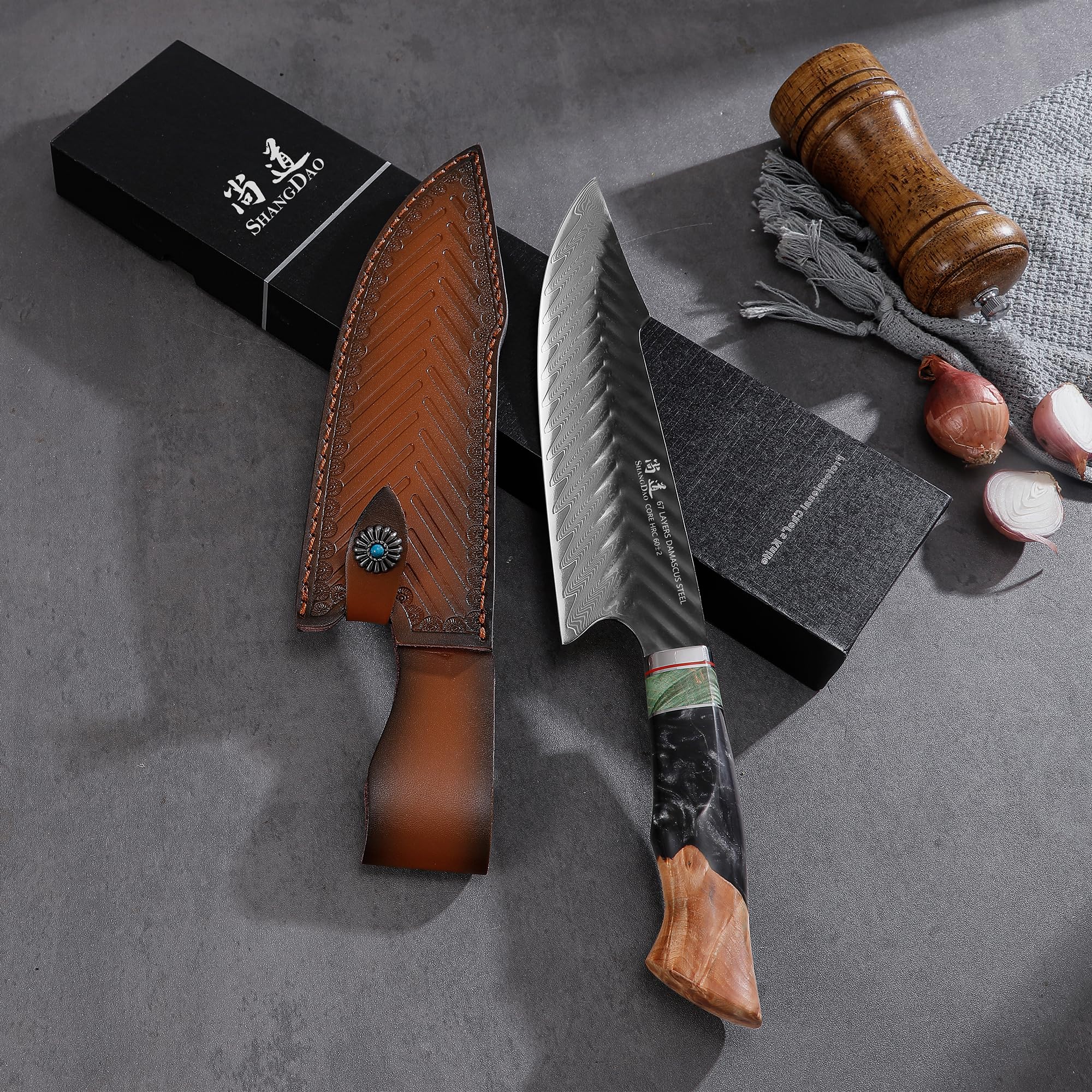 SHANGDAO Damascus Chef Knife 8 Inch,67 Layers Alloy Steel Professional Kitchen Knives with Leather Sheath, Hand Forged Resin & Wood Handle QILIN Series — Amazon image 6