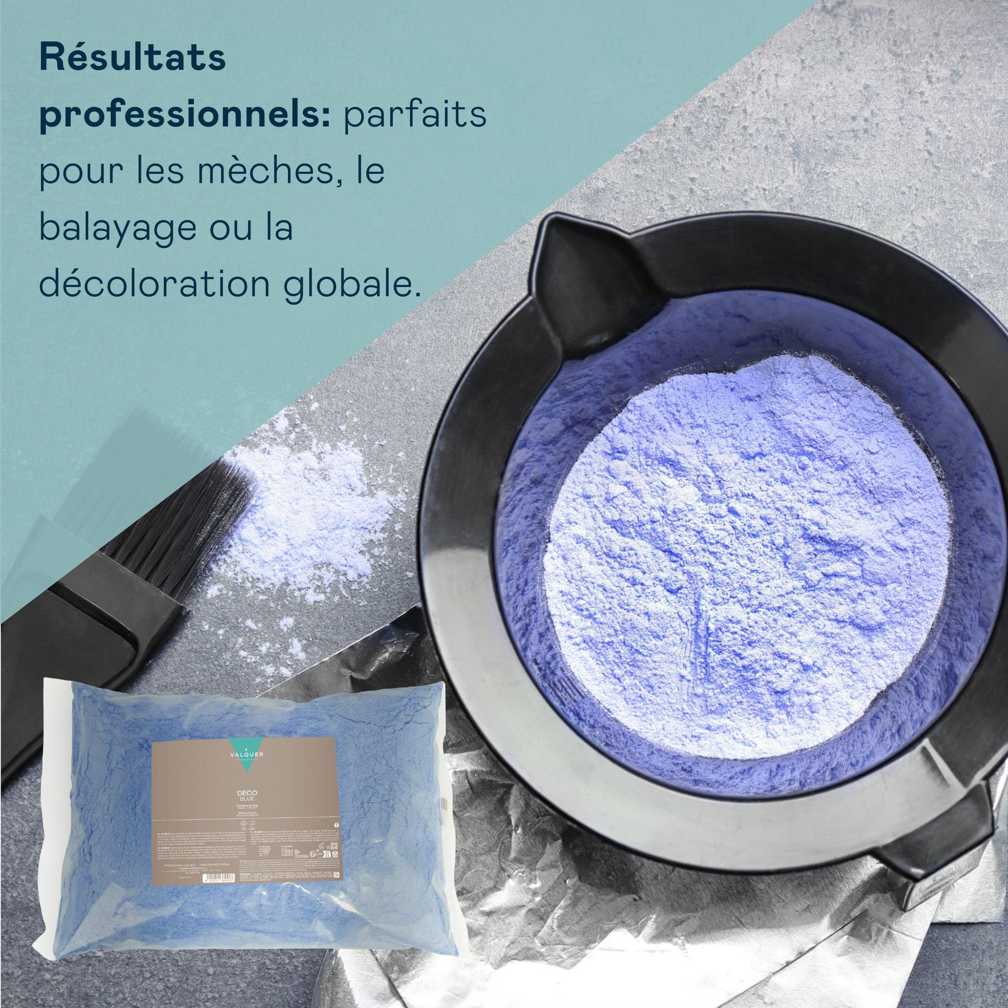 VALQUER Kit Décoloration Cheveux Professionnel Vegan Décoblue 500 g + Oxydant 30 Vol 9% 1000 ml, Éclaircissement Jusqu’à 6 Tons, Balayage, Mèches, Blond Polaire