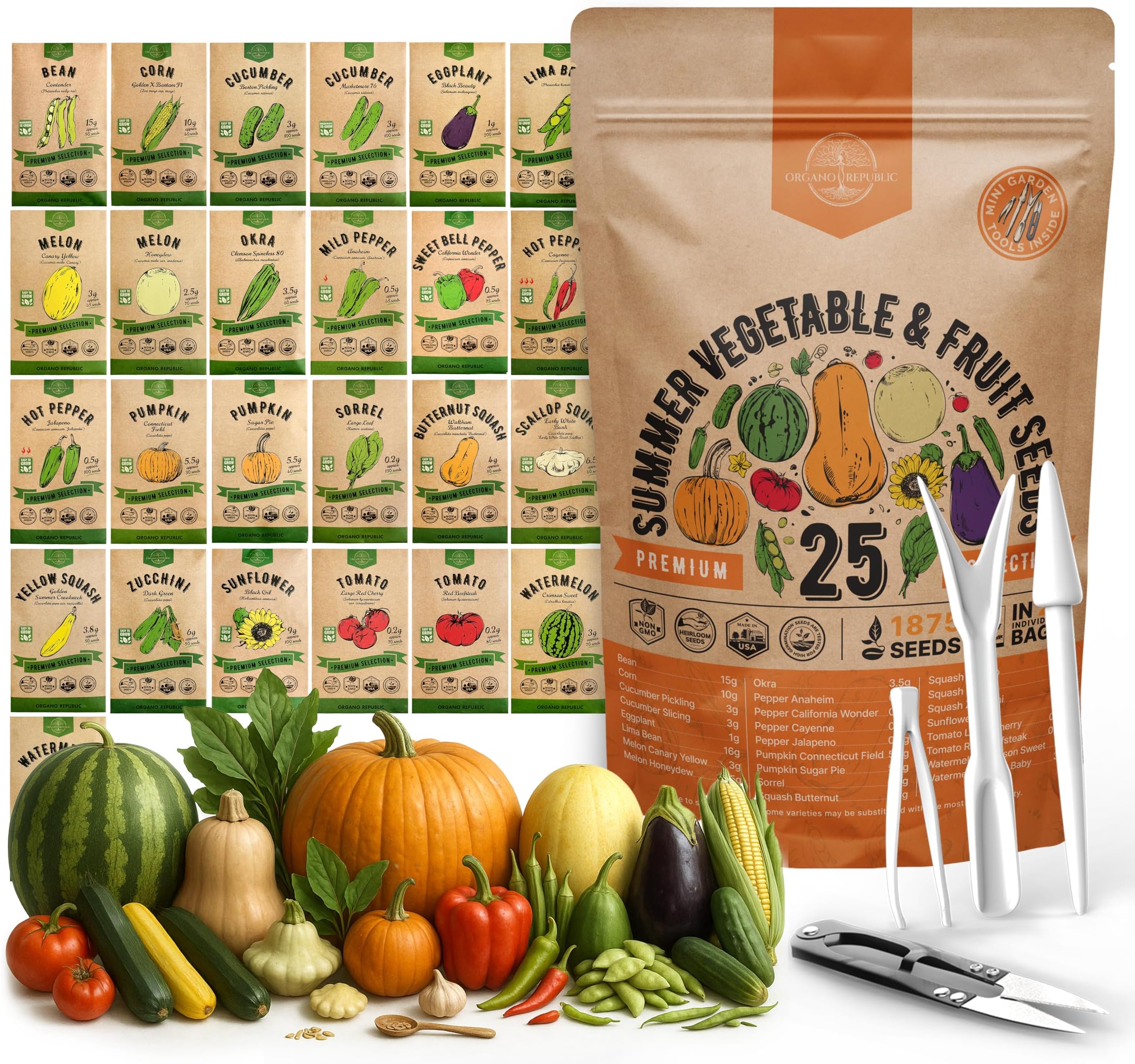 25 Summer Vegetable & Fruit Seeds Variety Pack - 1,870+ Non-GMO Heirloom Veggie & Fruits Seeds for Outdoors and Indoor Home Gardening, Including Collards, Tomato, Pepper, Okra, Onion, Bean, Cucumber