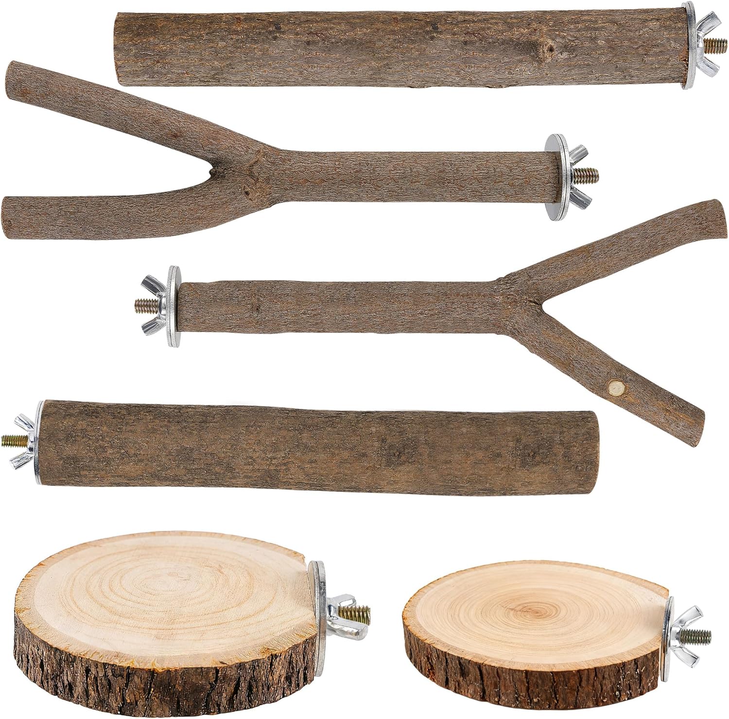 TreewollAlwaysontheWay 6PCS Natural Birch Wood Bird Perch Set - Straight, Forked Branches & Platforms for Parakeets, Cockatiels, Conures, Lovebirds Climbing Exercise