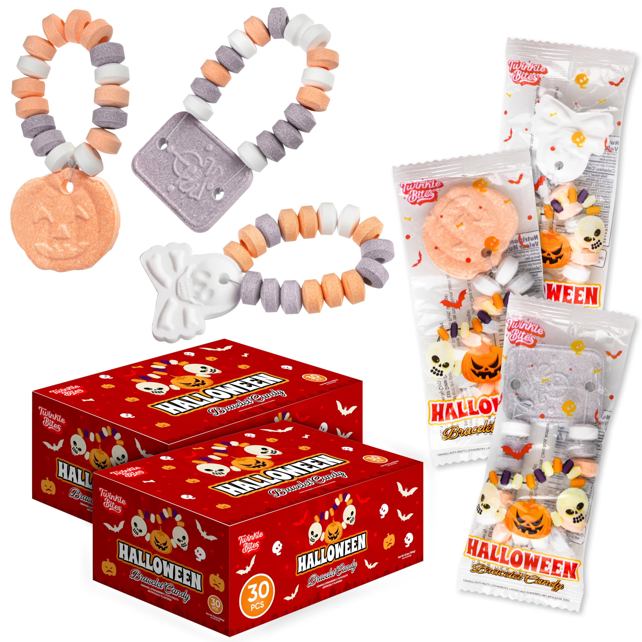 60 Pack Halloween Candy Bracelets - Individually Wrapped Holiday Themed Pumpkin And Skull Bracelets – Trick Or Treat Strawberry And Tutti Frutti Delicious Candys - Bulk Halloween Candy’s Great Use, For Kids, Trick or Treat, Party Favor, Classrooms, Goodie Bags