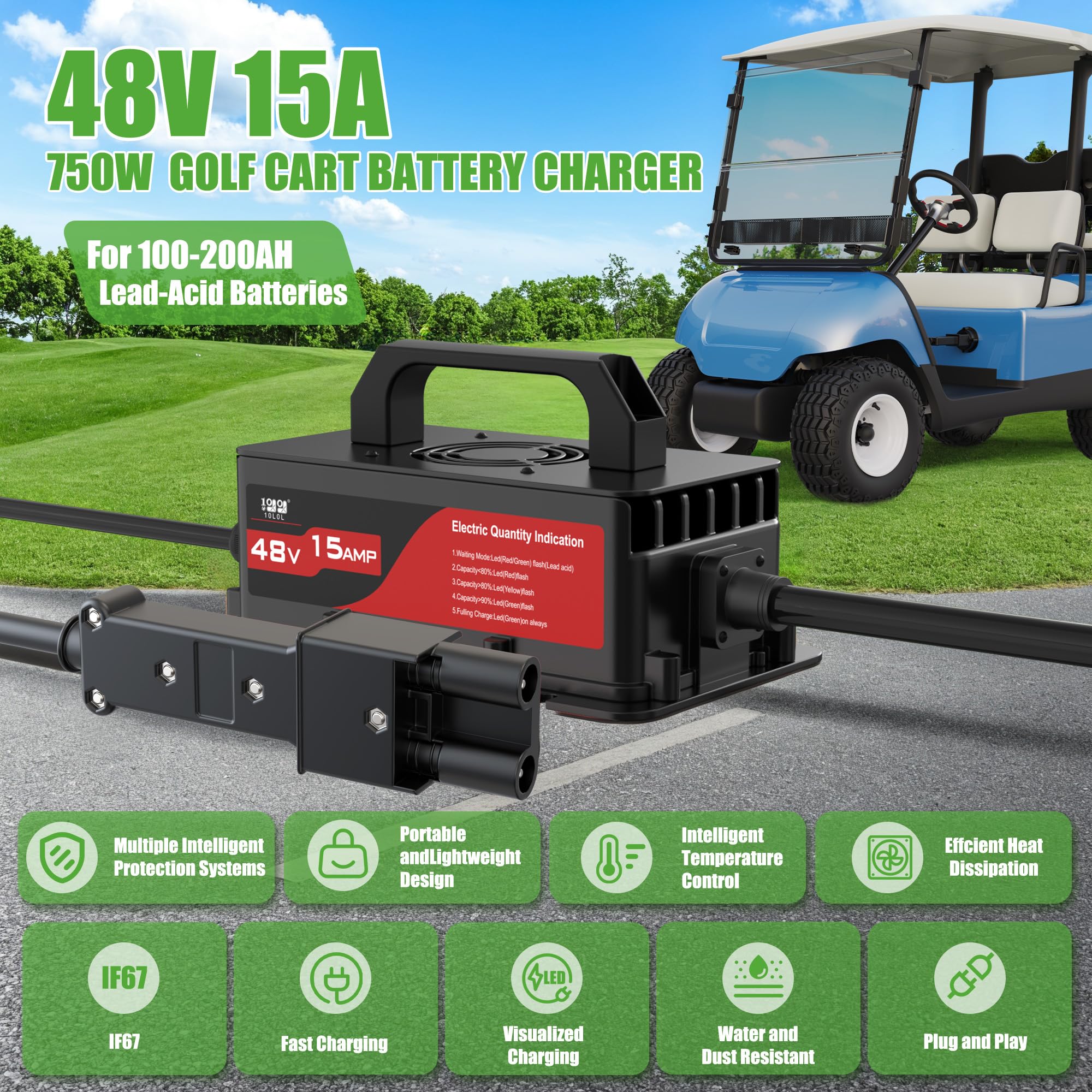 10L0L Cargador de batería de carrito de golf de 15 amperios y 48 voltios para carritos Yamaha G19/G2, cable de 16 pies con carga lenta, enchufe impermeable IP67 de 3 pines para batería de plomo-ácido