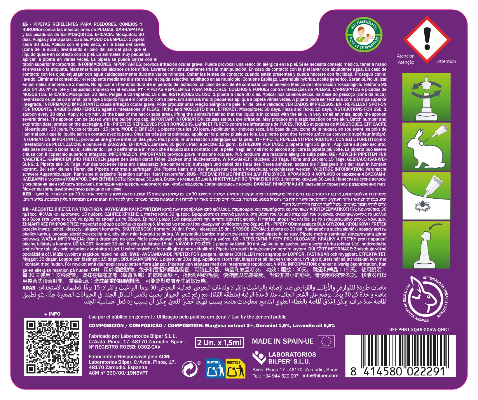 MENFORSAN Pipetas Anti-Insectos para roedores, Conejos y Hurones, con Margosa, geraniol y lavandino - Blister con 2 Unidades - 3