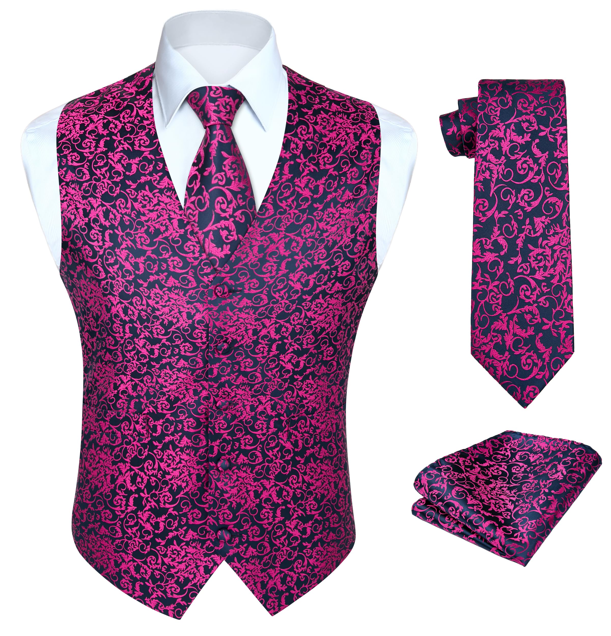 HISDERN Mens Vest Tie Set 3PC Formal Waistcoat Paisley Floral Jacquard Necktie Pocket Square Suit Vests Wedding Party