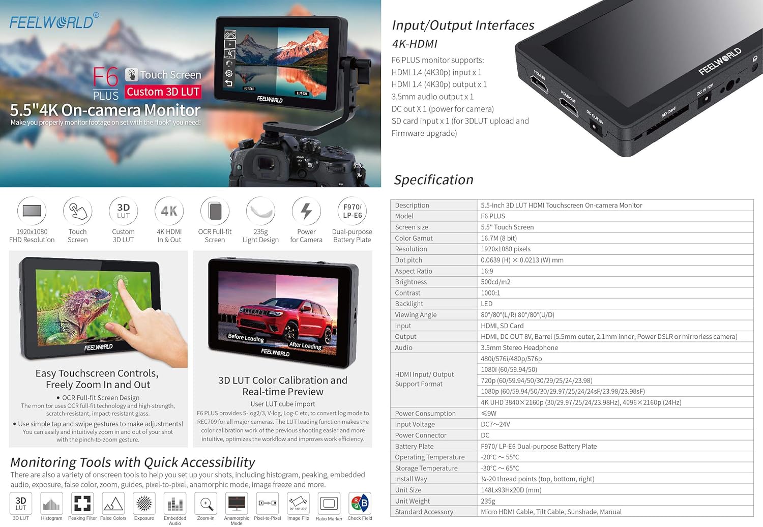 Exсluѕіvе Feelworld F6 Plus 5.5 Inch 3D LUT Touch Screen 4K HDMI Field Monitor with Histogram, Peaking, Embedded Audio, Exposure, False Color, Zoom, Pixel to Pixel for DSLR Cameras, Camcorders 🛒 Crаzу Dеаlѕ Feelworld F6 Plus 5.5 Inch 3D LUT Touch Screen 4K HDMI Field Monitor with Histogram, Peaking, Embedded Audio, Exposure, False Color, Zoom, Pixel to Pixel for DSLR Cameras, Camcorders