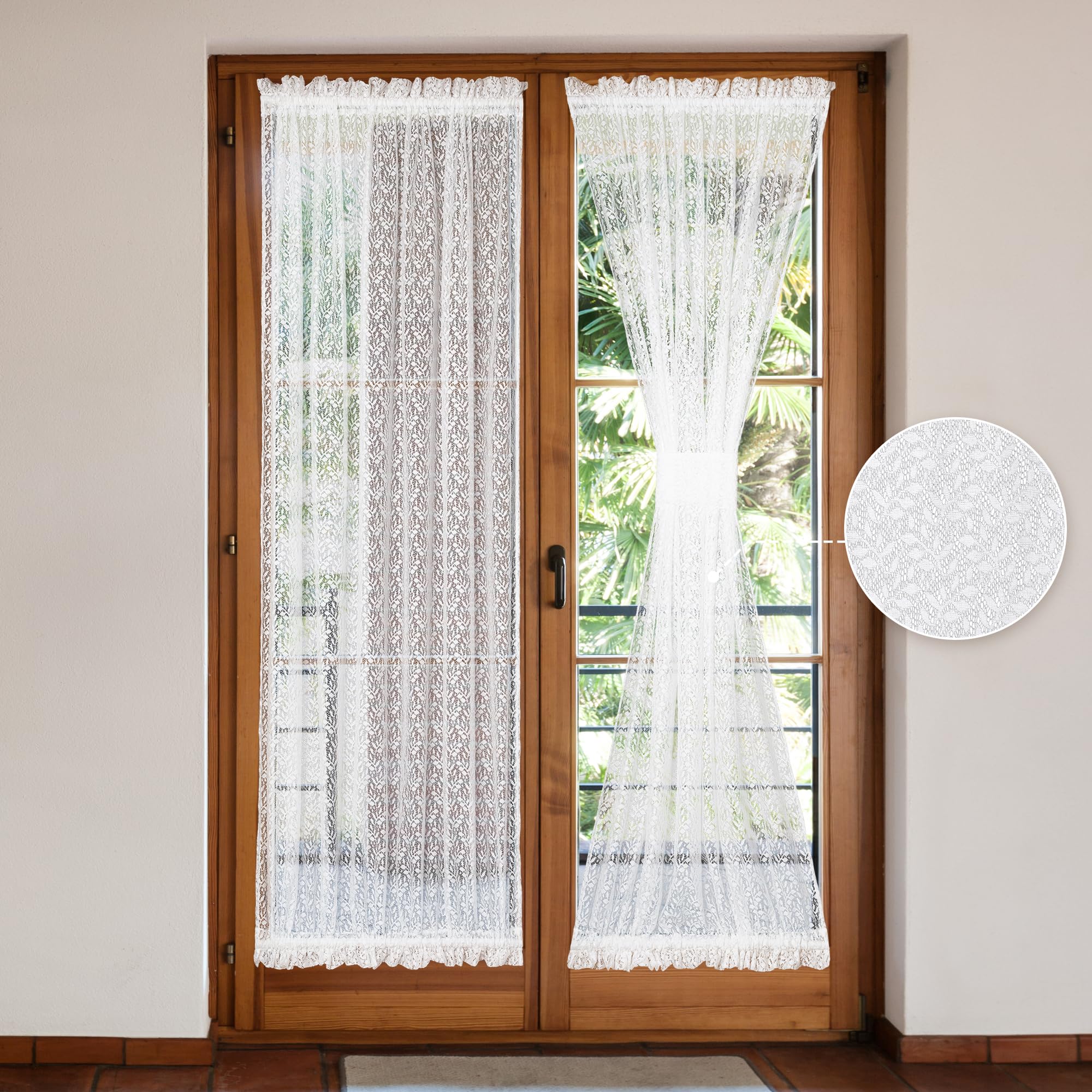 Set of 2 White Sheer French Door Curtains, 52x72 Inch Botanical Branch and Leaf Lace Voile Curtains for Patio Glass French Door, Tieback Included