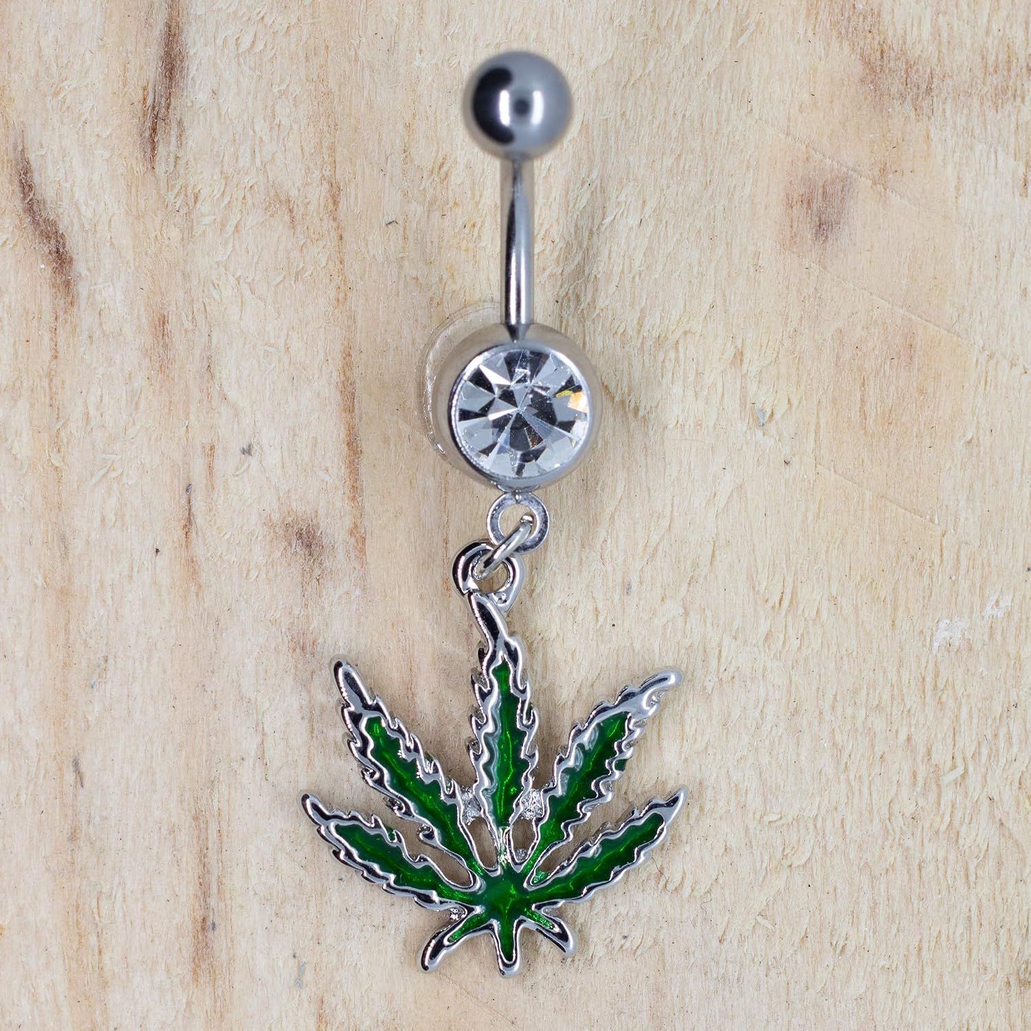 Pierce2GO Silver 316L Belly Dangle Accented with Marijuana Leaf with CZ Stone