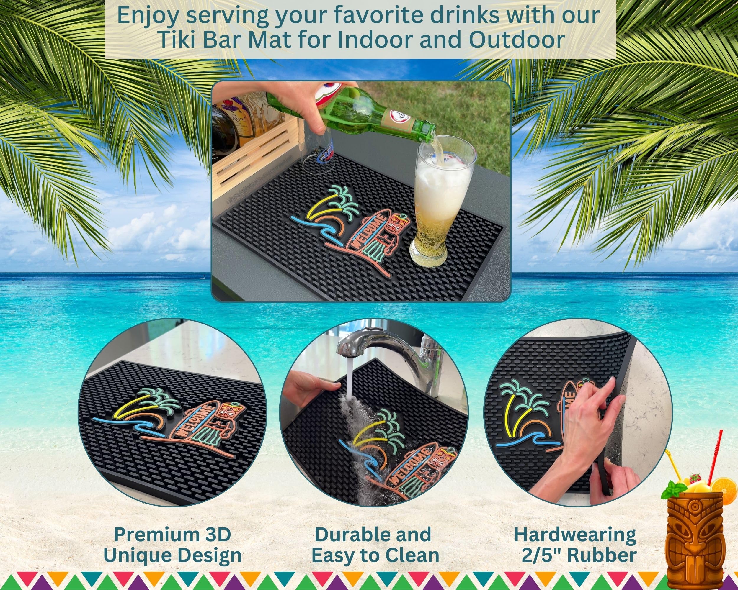 Welcome Tiki Bar Mat 18x12 in, Silicone Tiki Decor, Surfboard Welcome Sign Greeting, Tropical Home Accessories, Luau Party Decorations, Host Gift, Bar Cart Decor