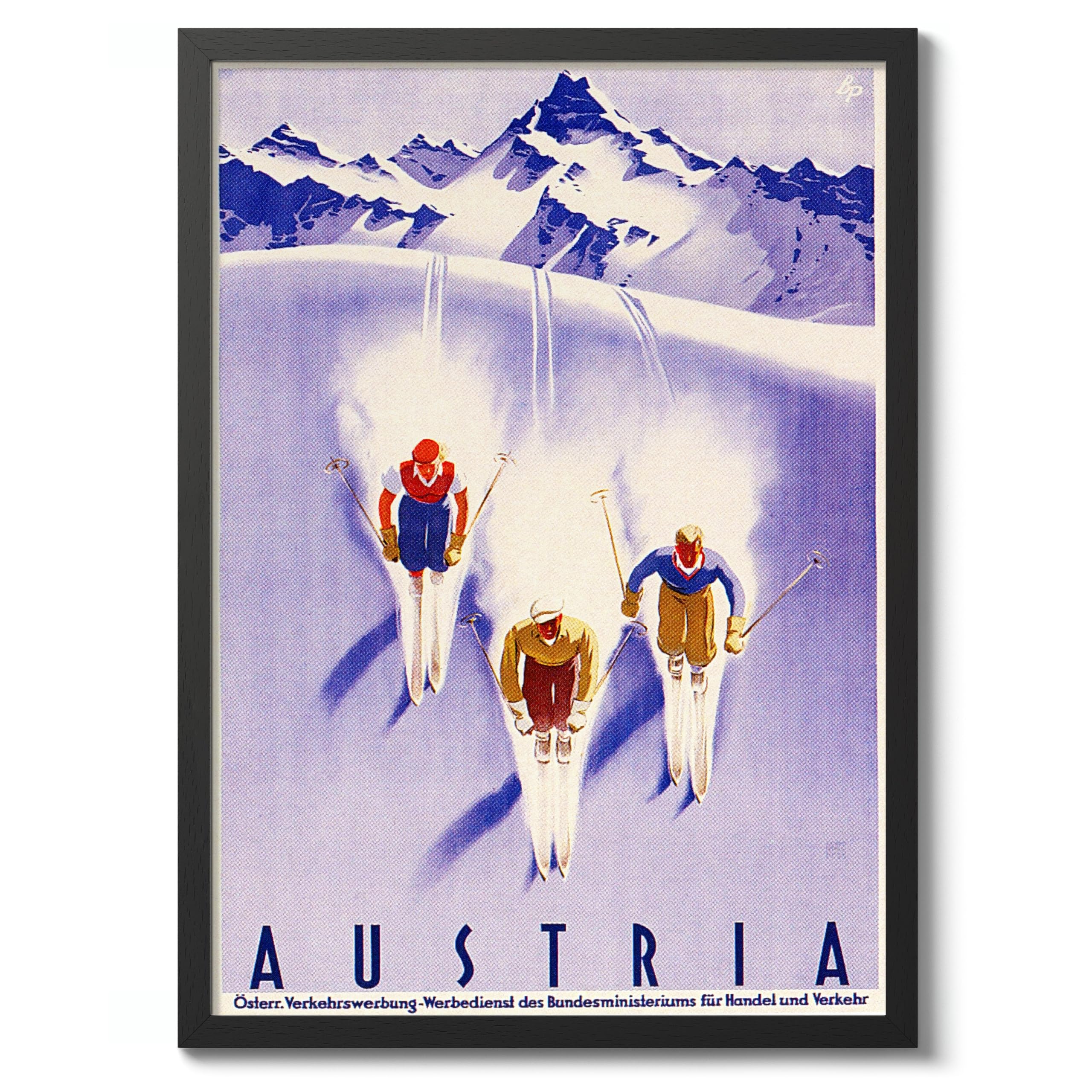 Ski In Austria Vintage Skiing Poster, Minimalist Wall Art, Mountain Travel Prints, Snow, Ski Trip Home Decor, 50x70cm (Black Frame) - 53x73cm