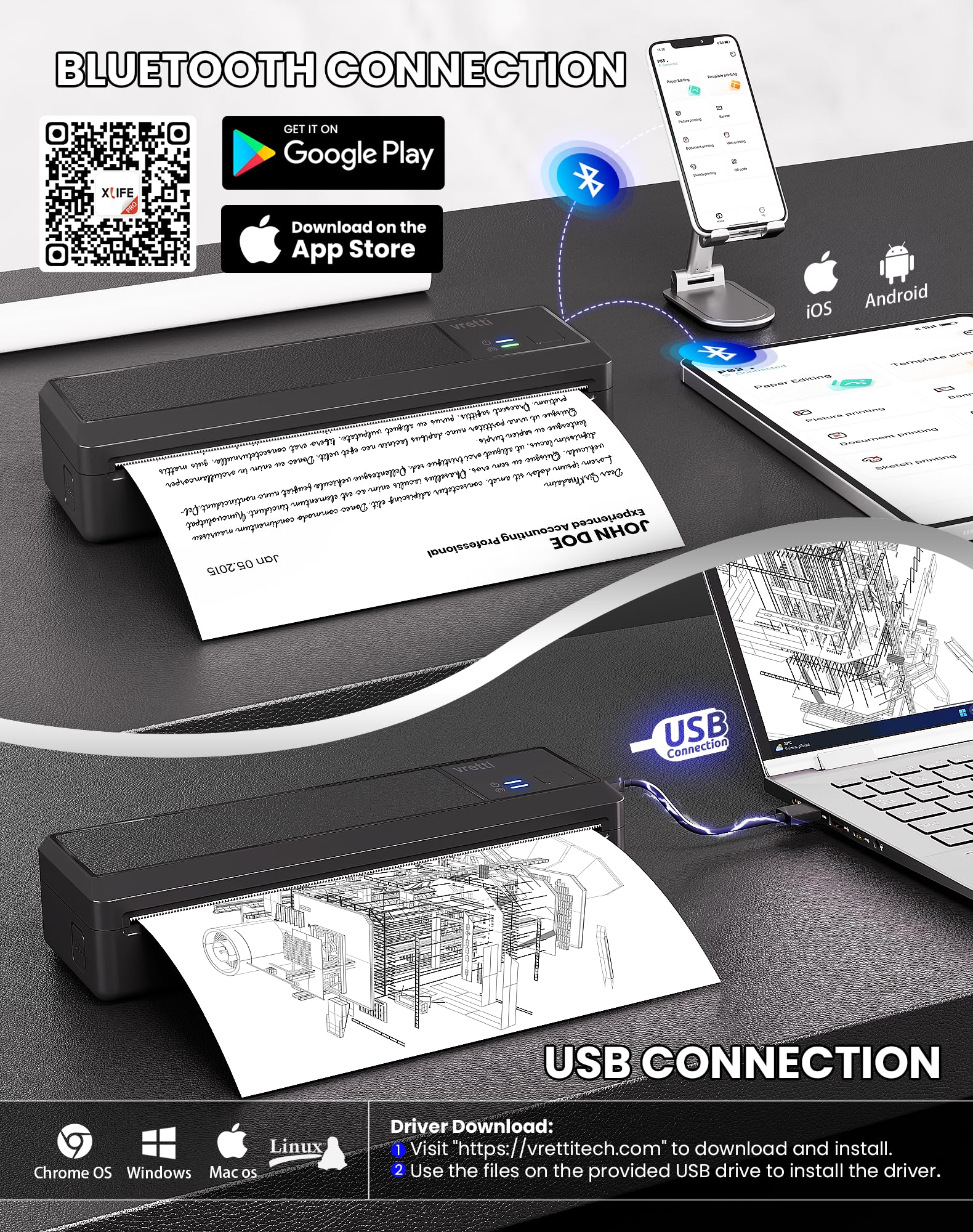 vretti Stampante Termica Portatile A4 Bluetooth Android/iOS